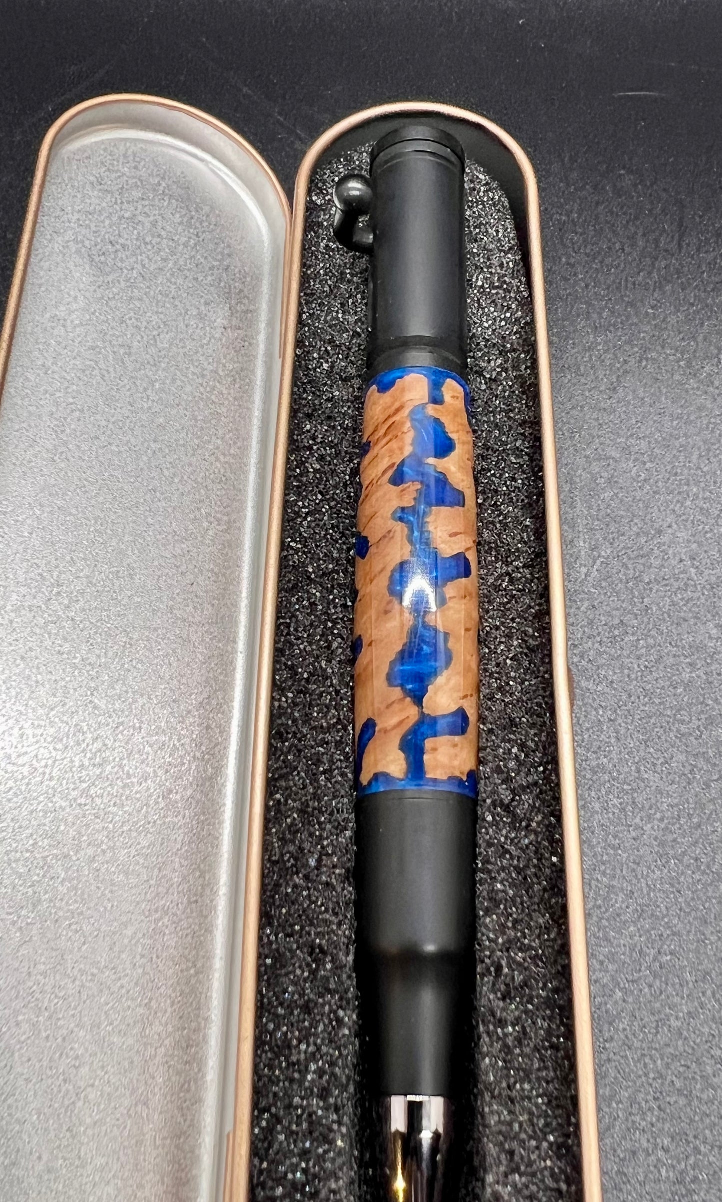Bolt Action Black Enamel Pen with Mallee Burl and Blue colored resin