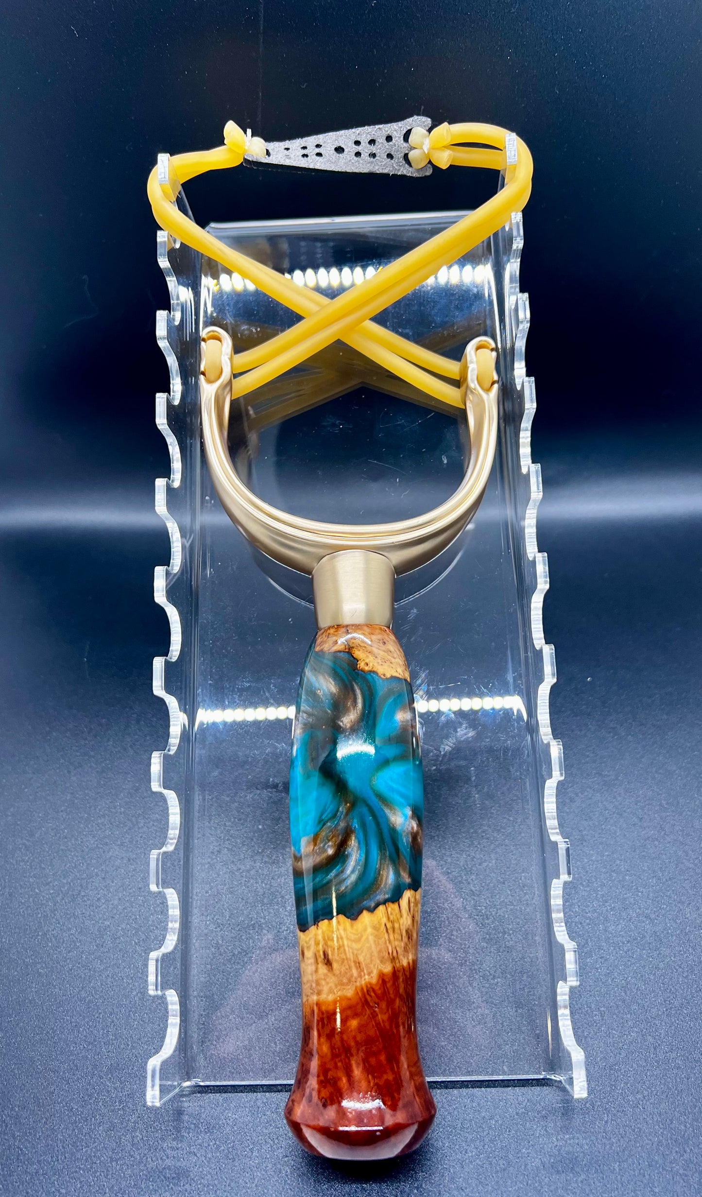 Slingshot-Mallee Burl-Teal, Blue and Copper colored resin