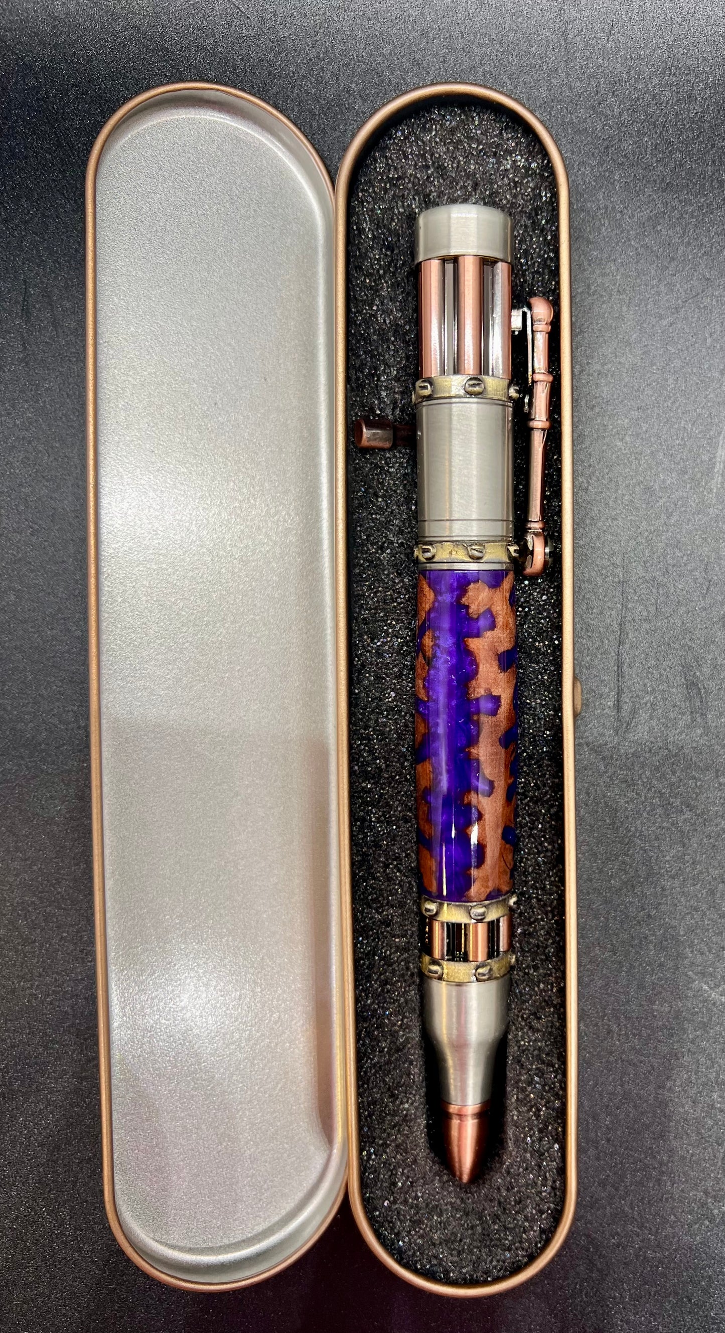 Steampunk Bolt Action Pen with Mallee Burl and Purple colored resin