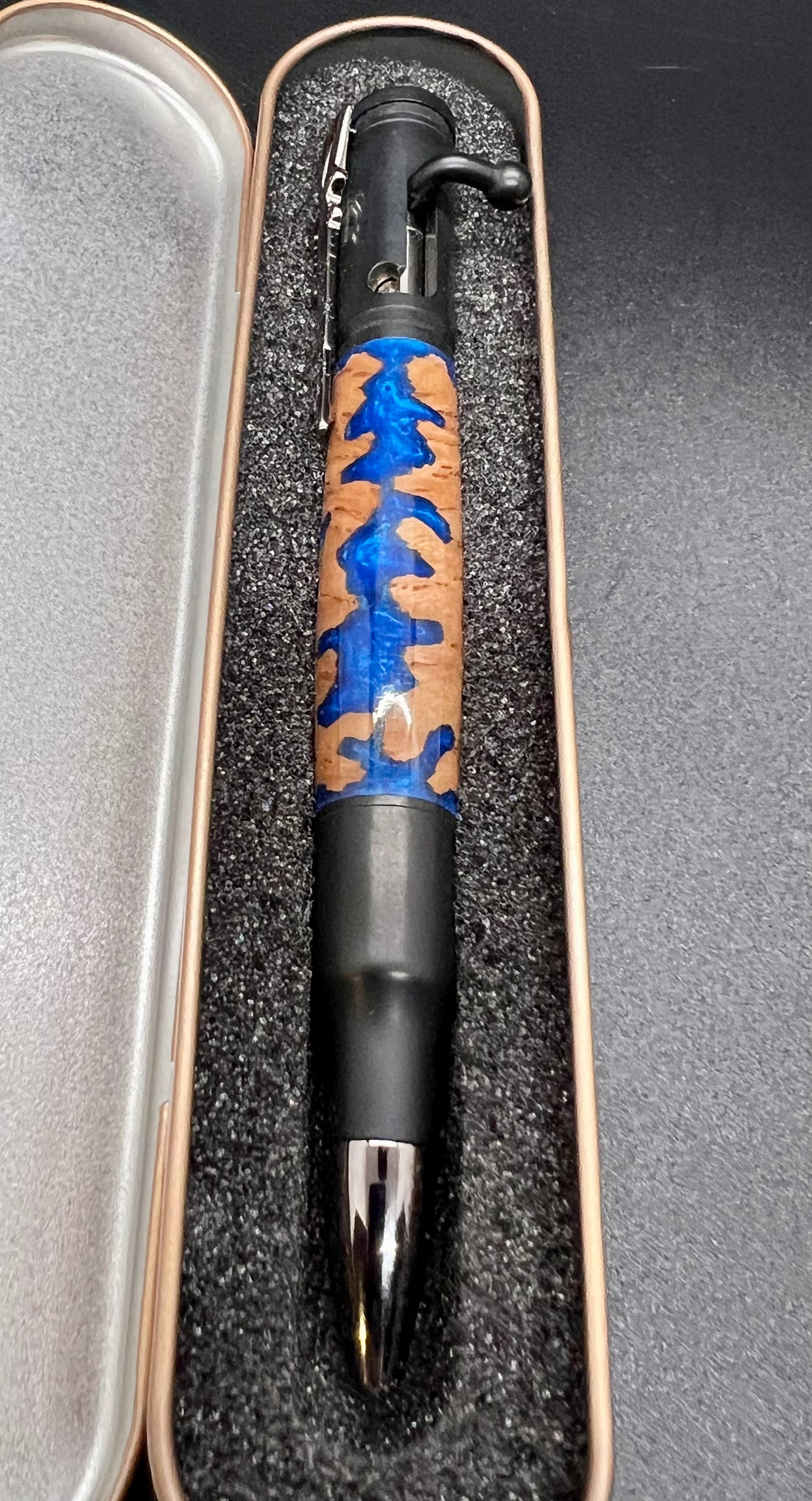 Bolt Action Black Enamel Pen with Mallee Burl and Blue colored resin