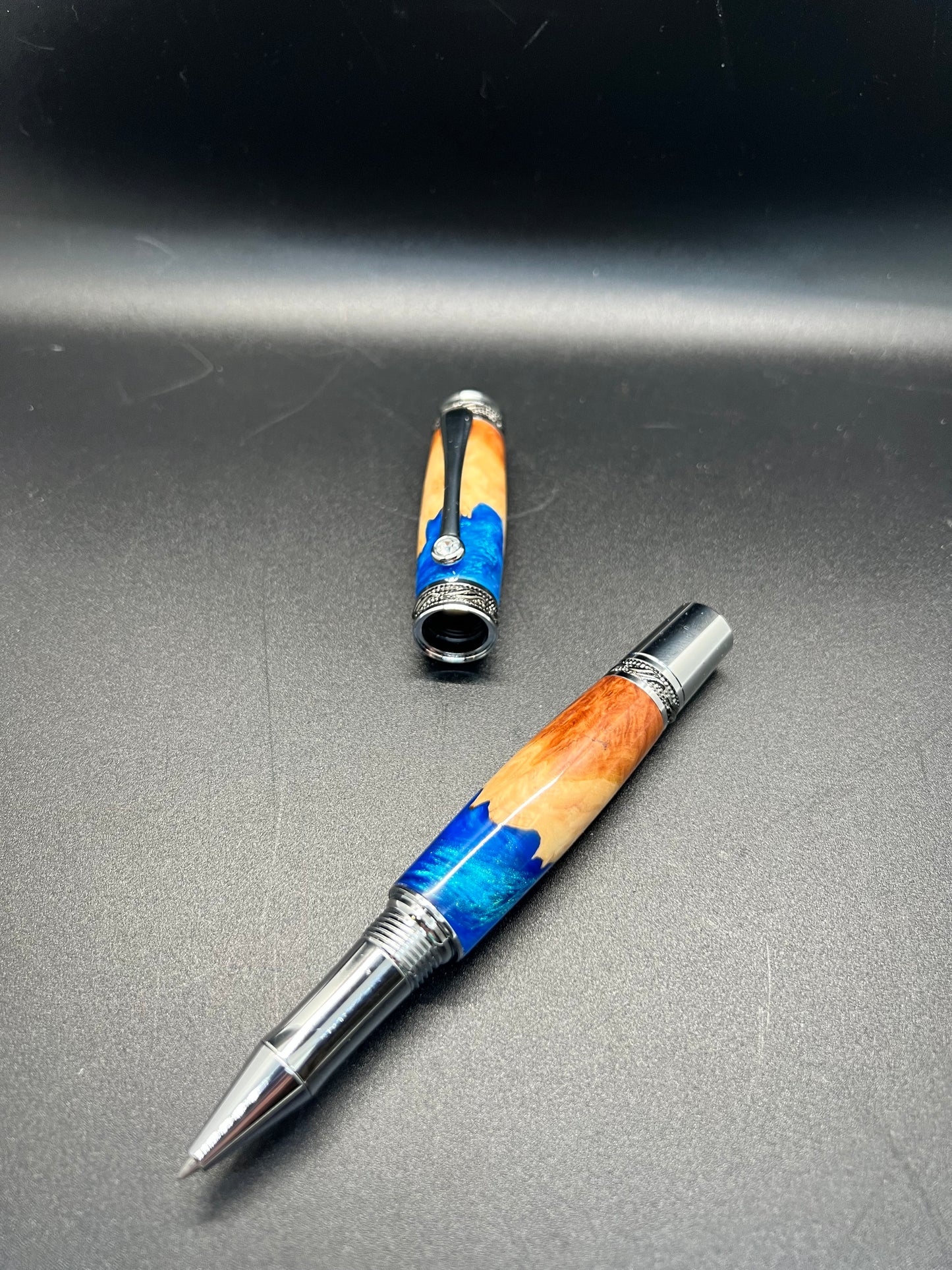 Majestic Rollerball Pen- Malle Burl- Blue Resin