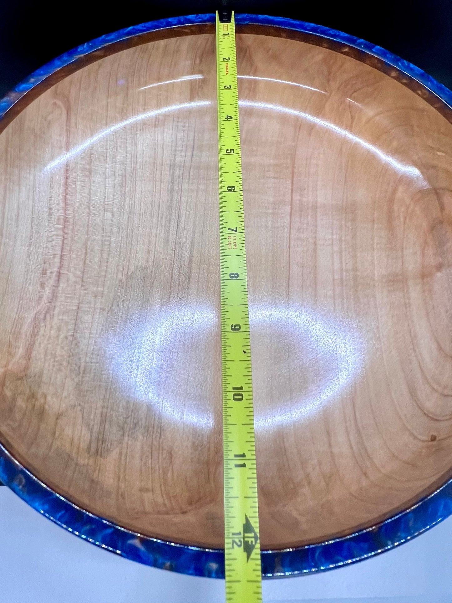 Hand turned curly Maple Bowl with Blue and Gold rim