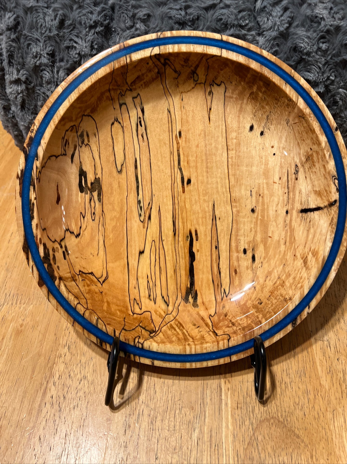 Hand Turned Pencil Spalted Maple Dish with Blue Resin Inlay