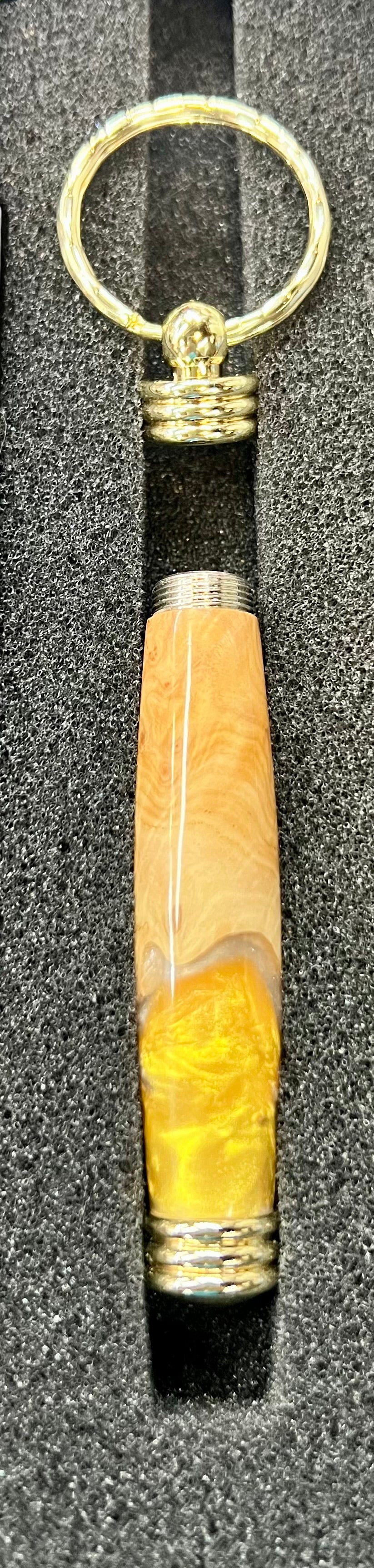 Secret Compartment Keychain-Mallee Burl-Gold and White Resin