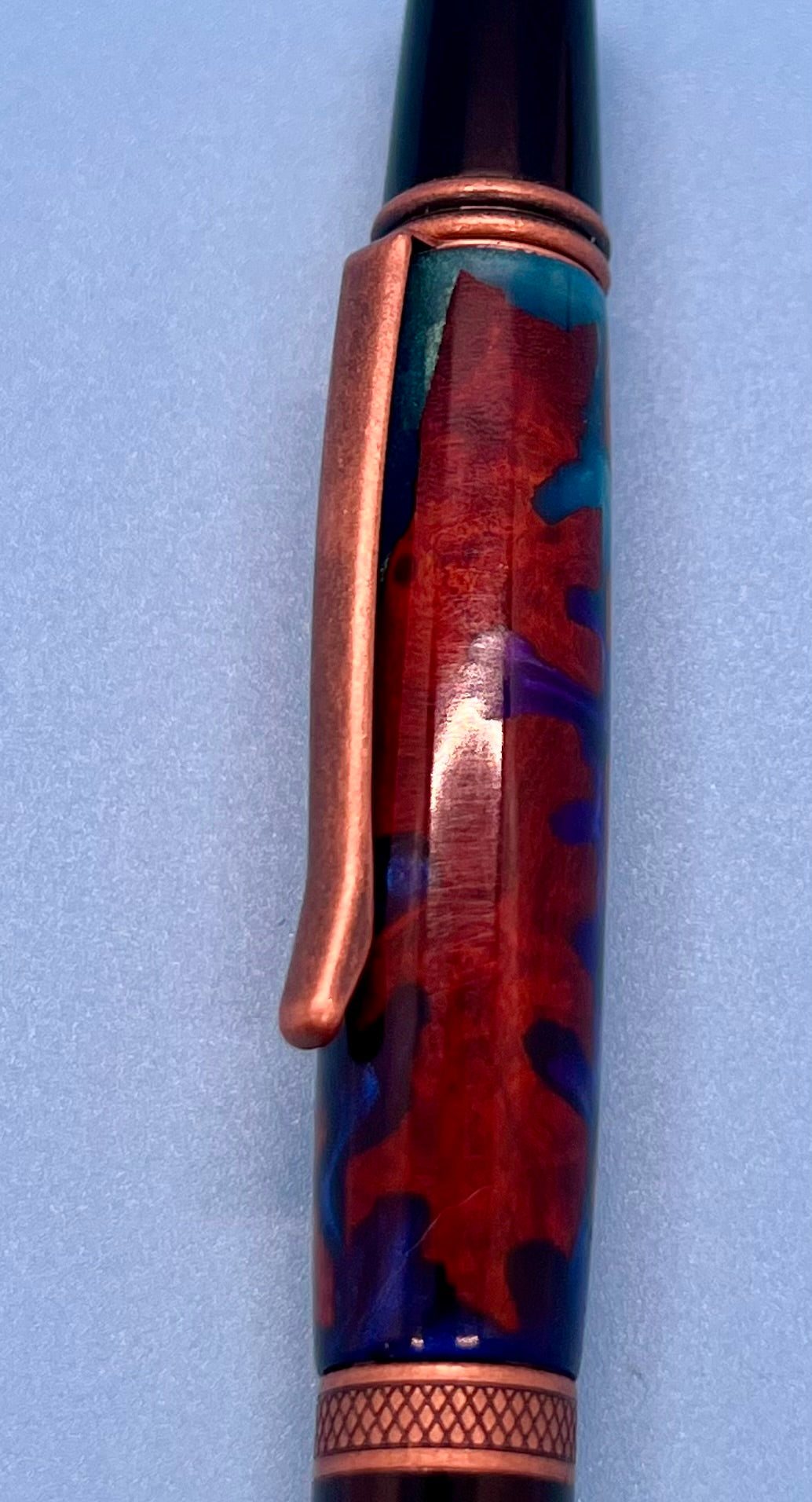 Antique Copper Wallstreet Twist Pen with Amboyna Burl and Blue Resin