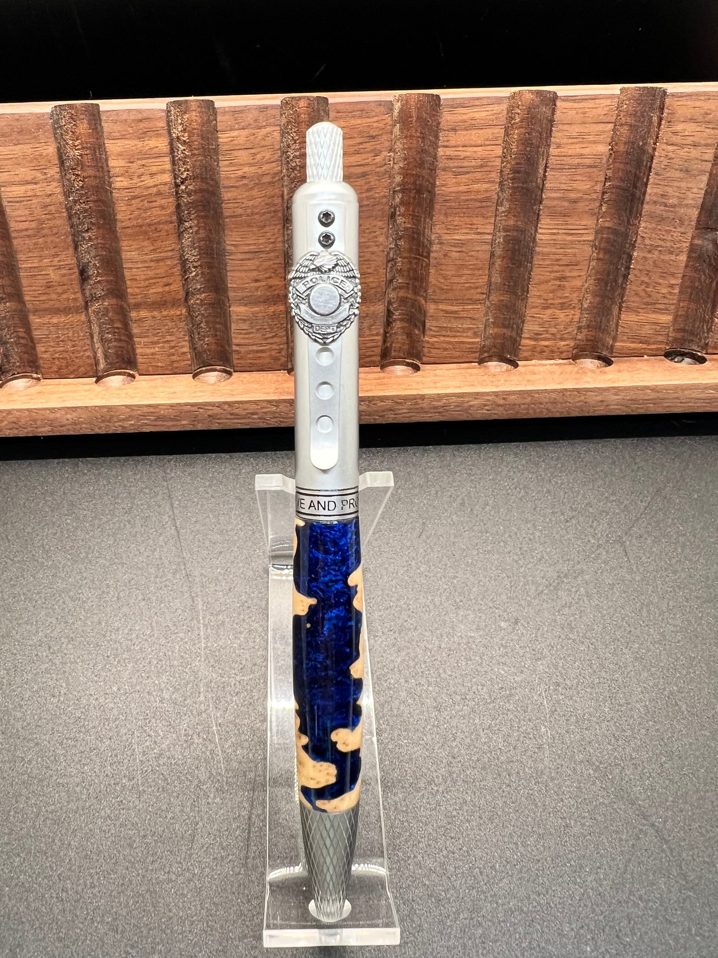 Law Enforcement Click Pen-Mallee Burl- Blue resin