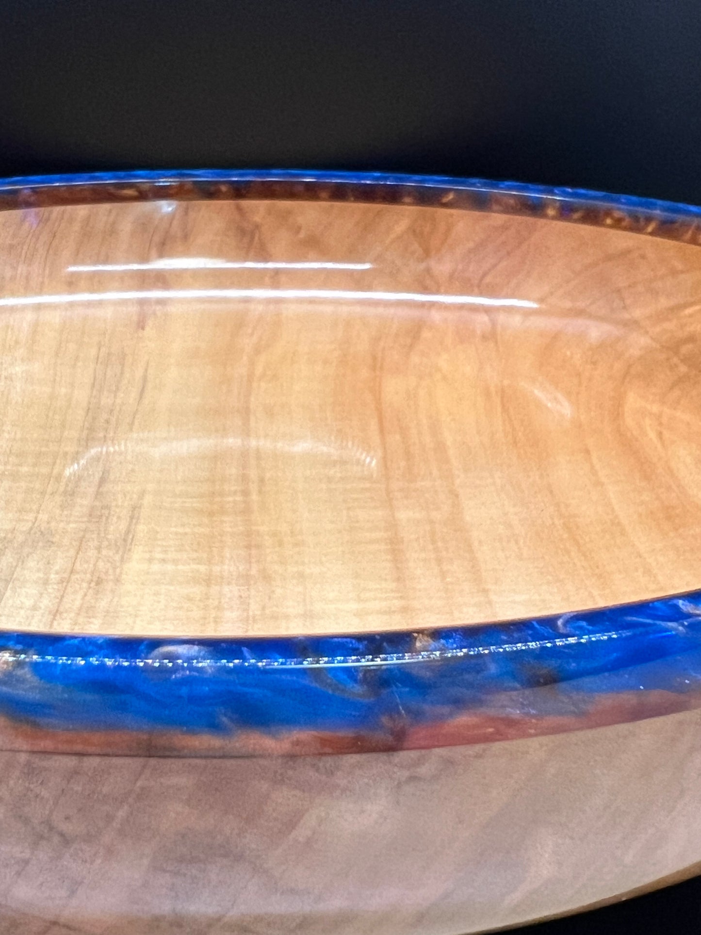 Hand turned curly Maple Bowl with Blue and Gold rim