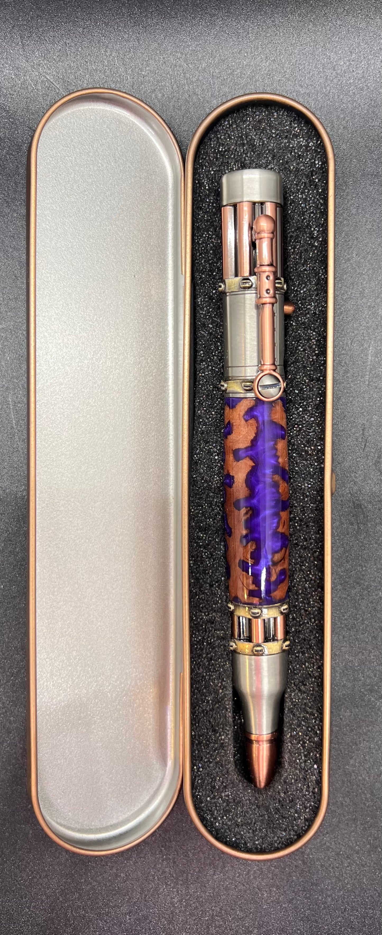 Steampunk Bolt Action Pen with Mallee Burl and Purple colored resin