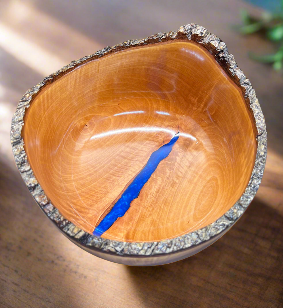 Hand turned Bradford Pear Bowl Live Edge Bowl with Blue center