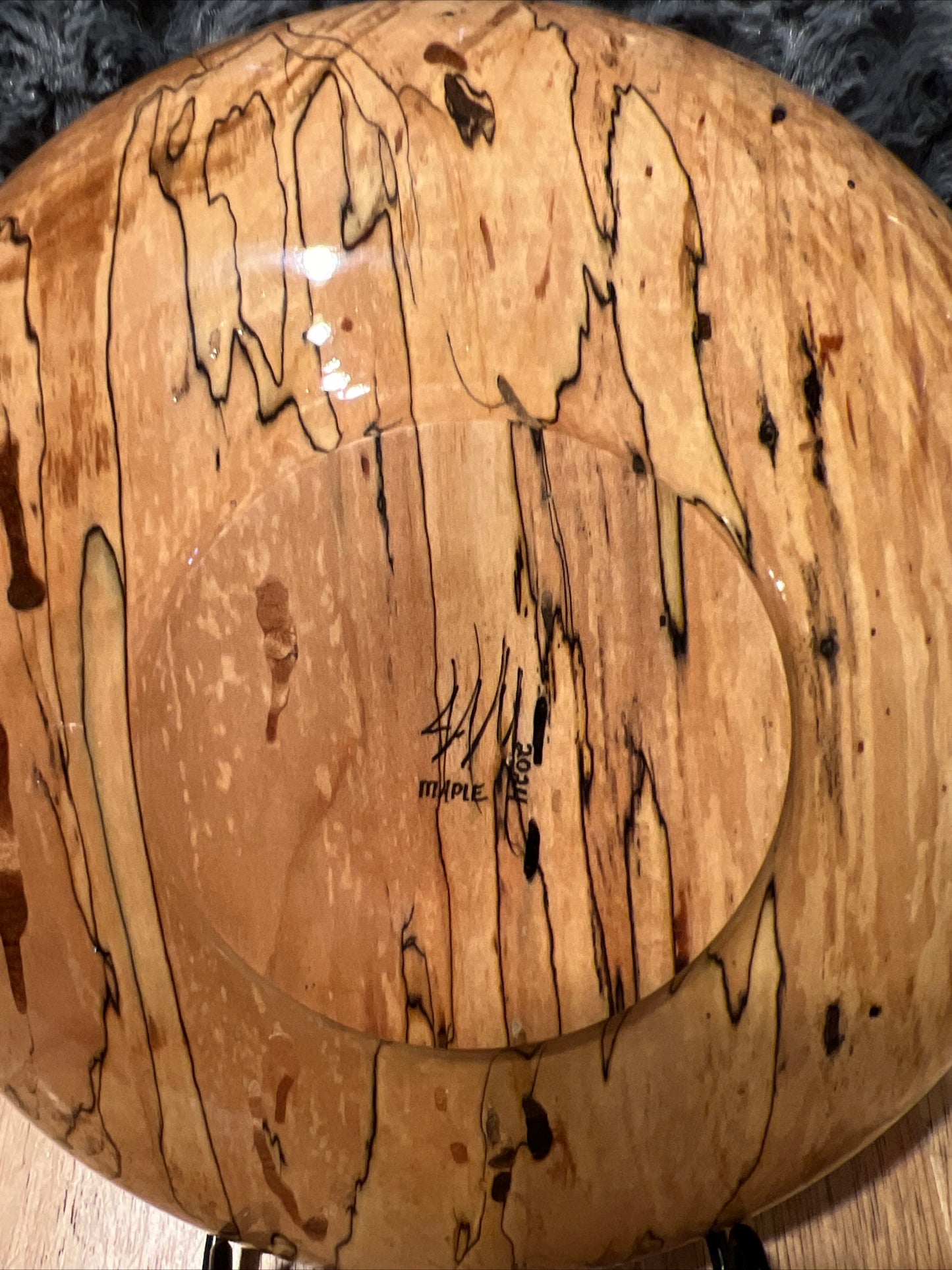 Hand Turned Pencil Spalted Maple Dish with Blue Resin Inlay