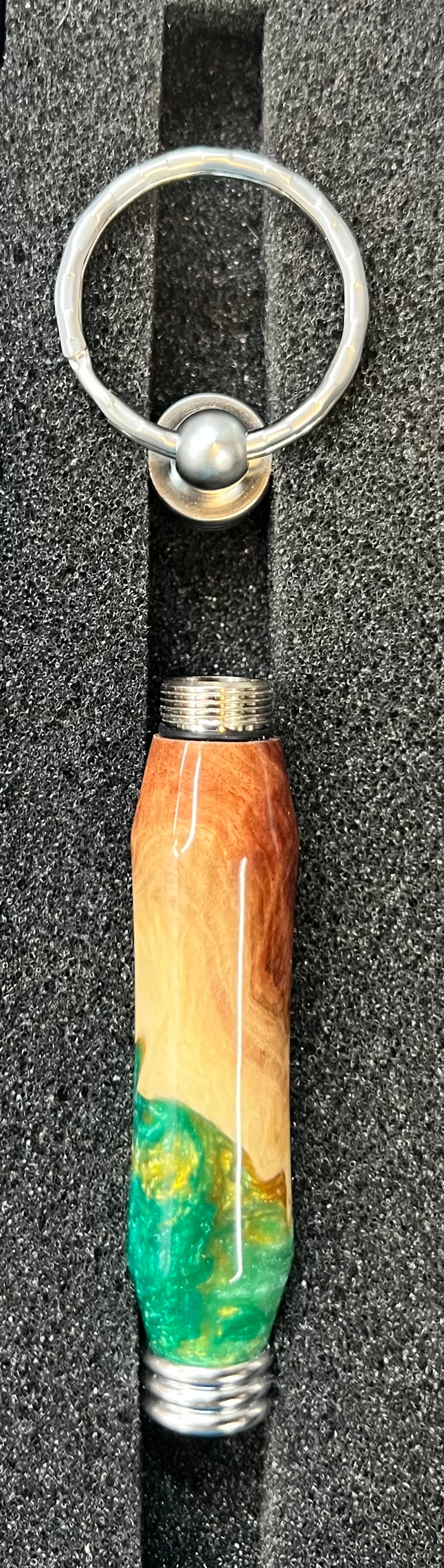 Secret Compartment Keychain-Mallee Burl-Gold and Green Resin