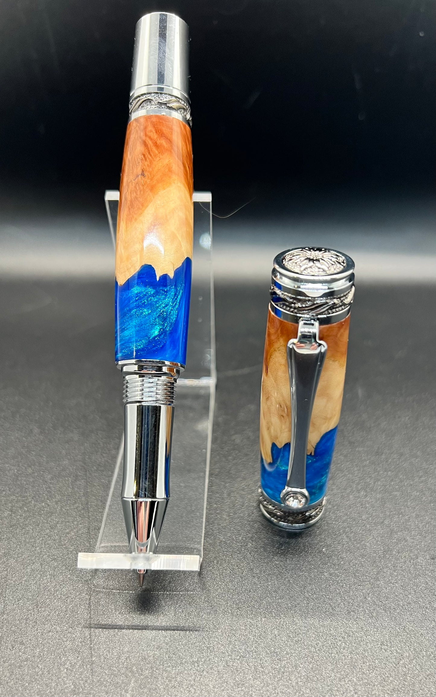 Majestic Rollerball Pen- Malle Burl- Blue Resin