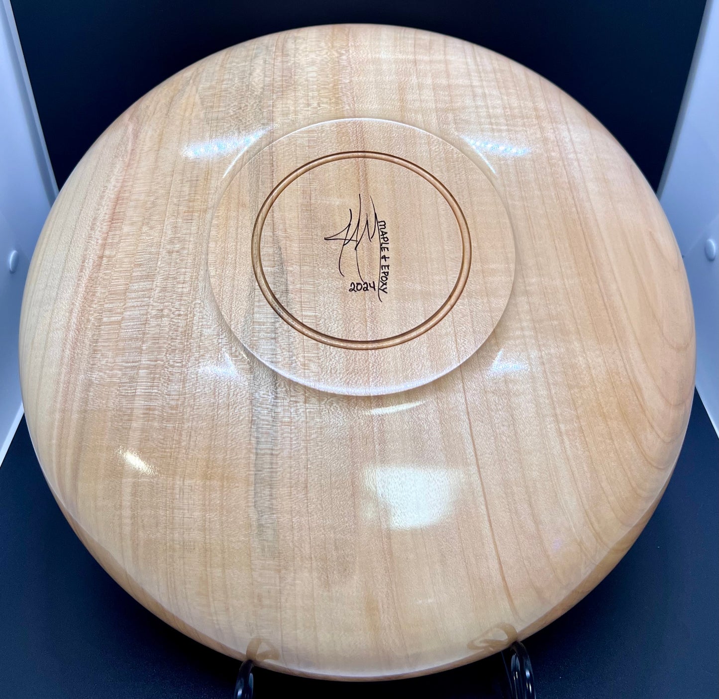 Hand turned curly Maple Bowl with Blue and Gold rim