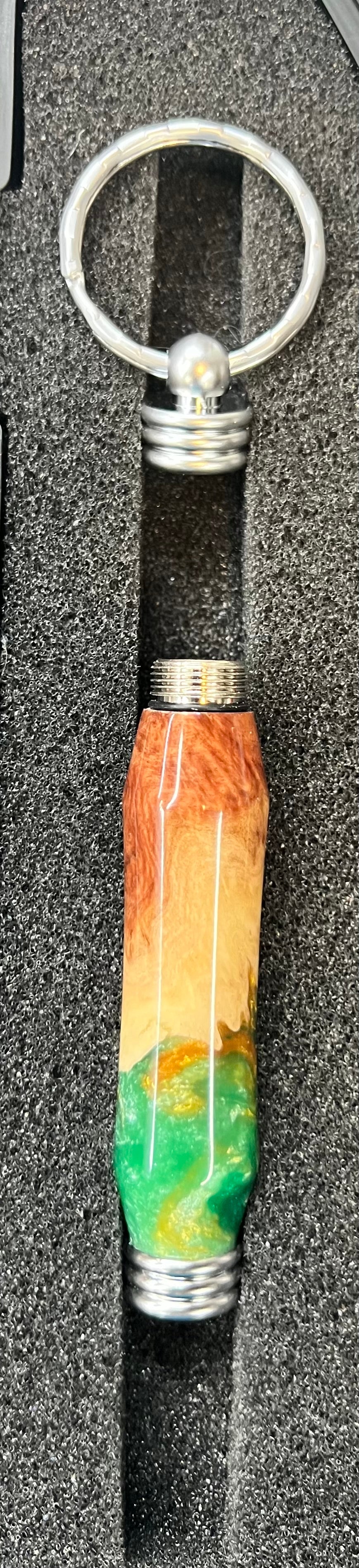 Secret Compartment Keychain-Mallee Burl-Gold and Green Resin