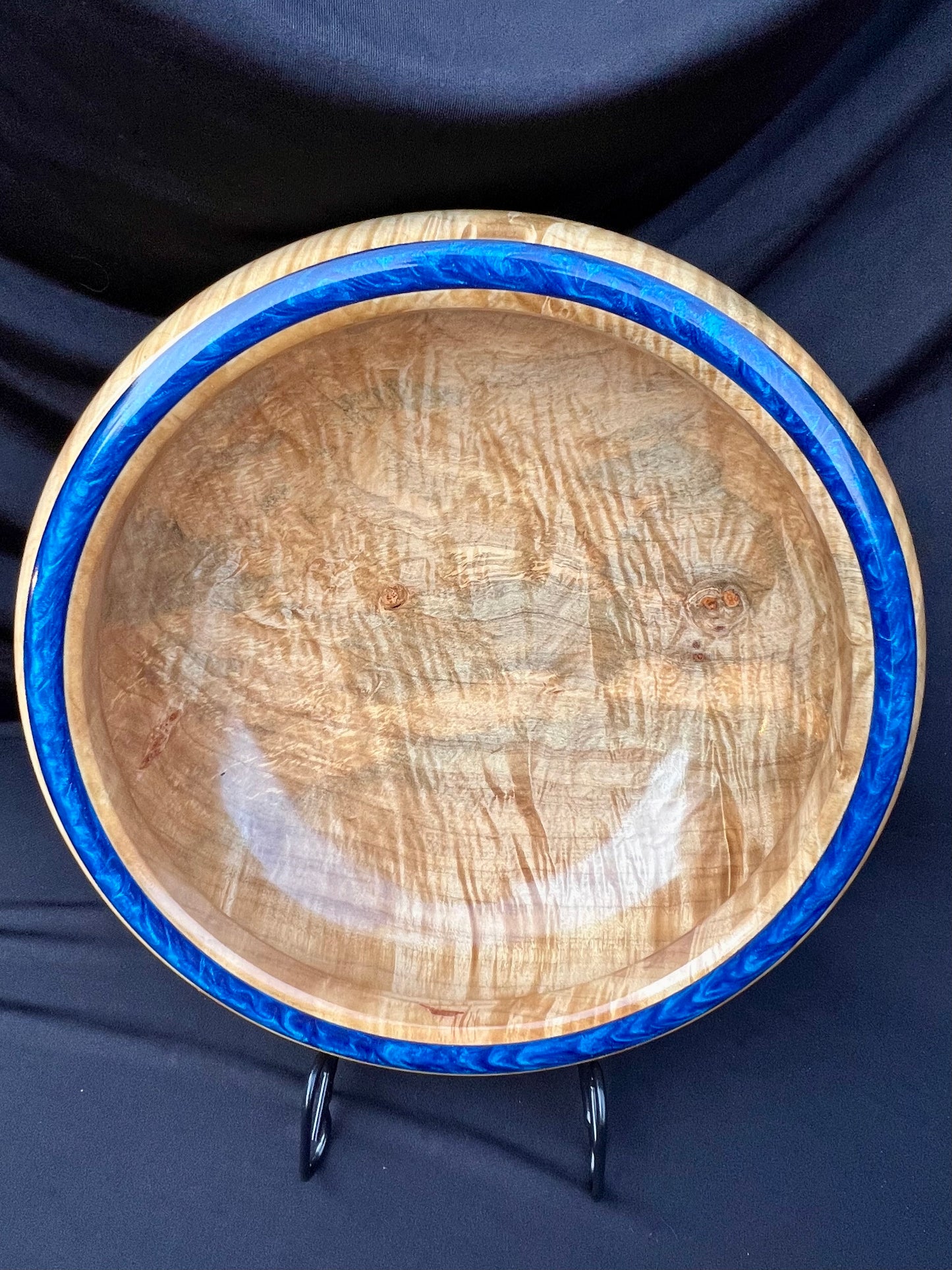 Hand Turned Very curly Maple Bowl with Deep Blue colored resin Rim