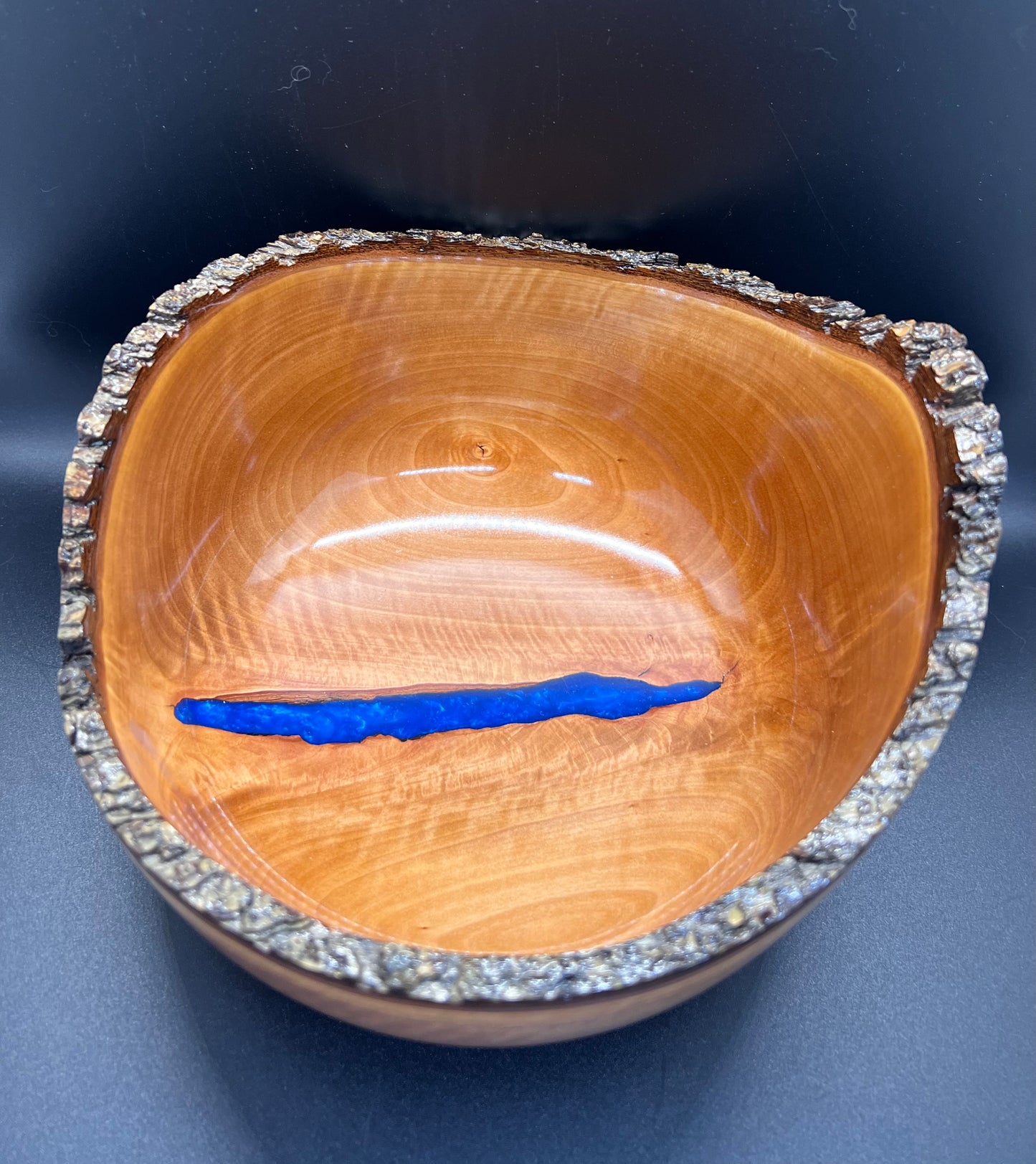 Hand turned Bradford Pear Bowl Live Edge Bowl with Blue center