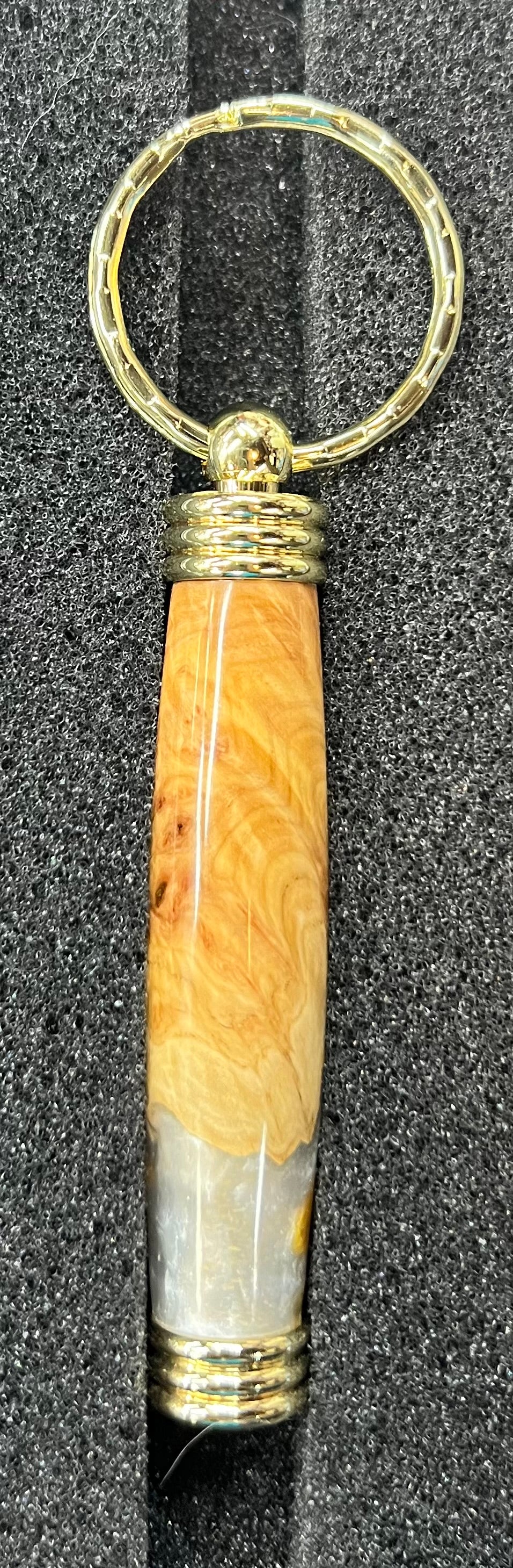 Secret Compartment Keychain-Mallee Burl-Gold and White Resin