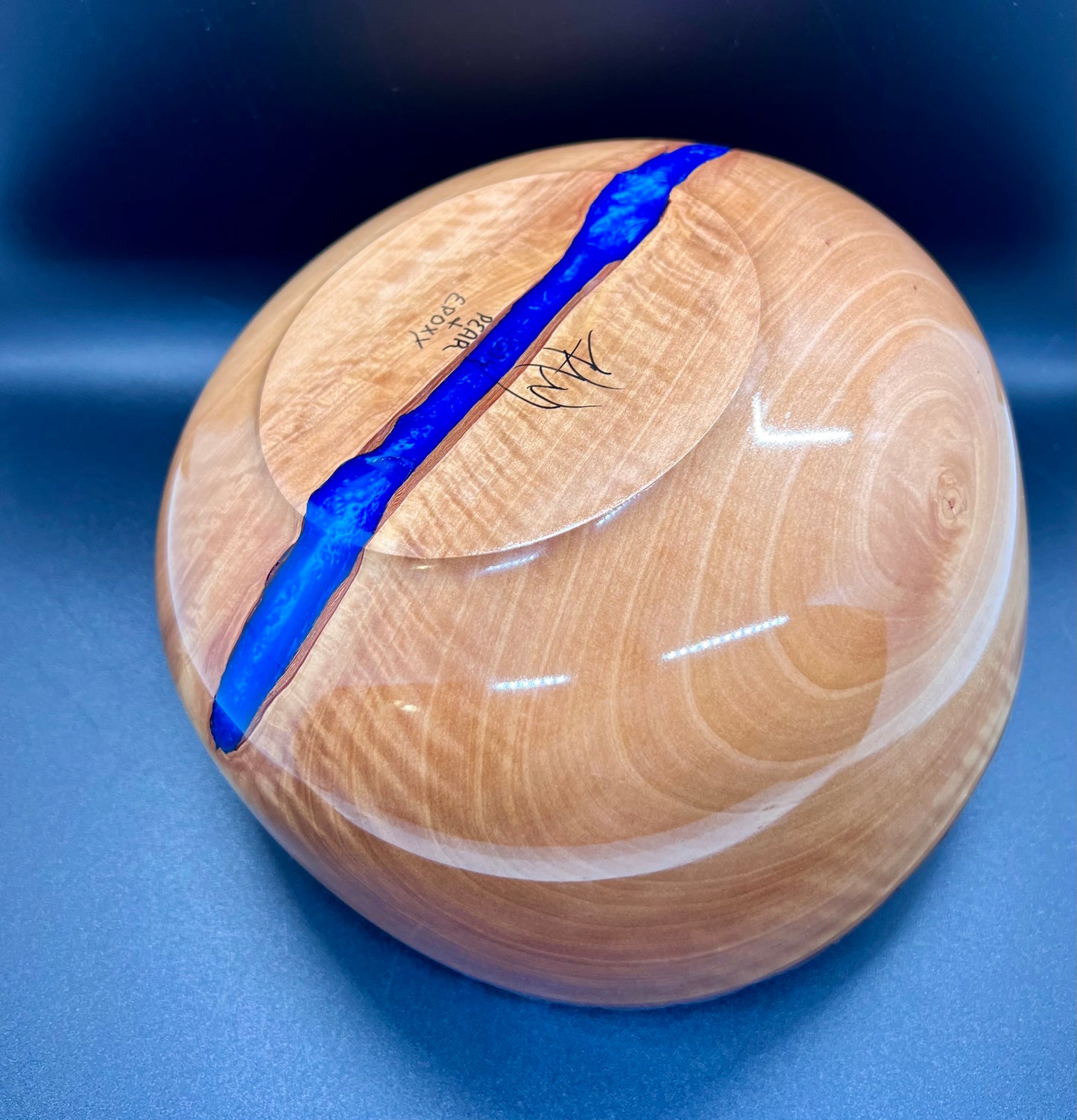 Hand turned Bradford Pear Bowl Live Edge Bowl with Blue center