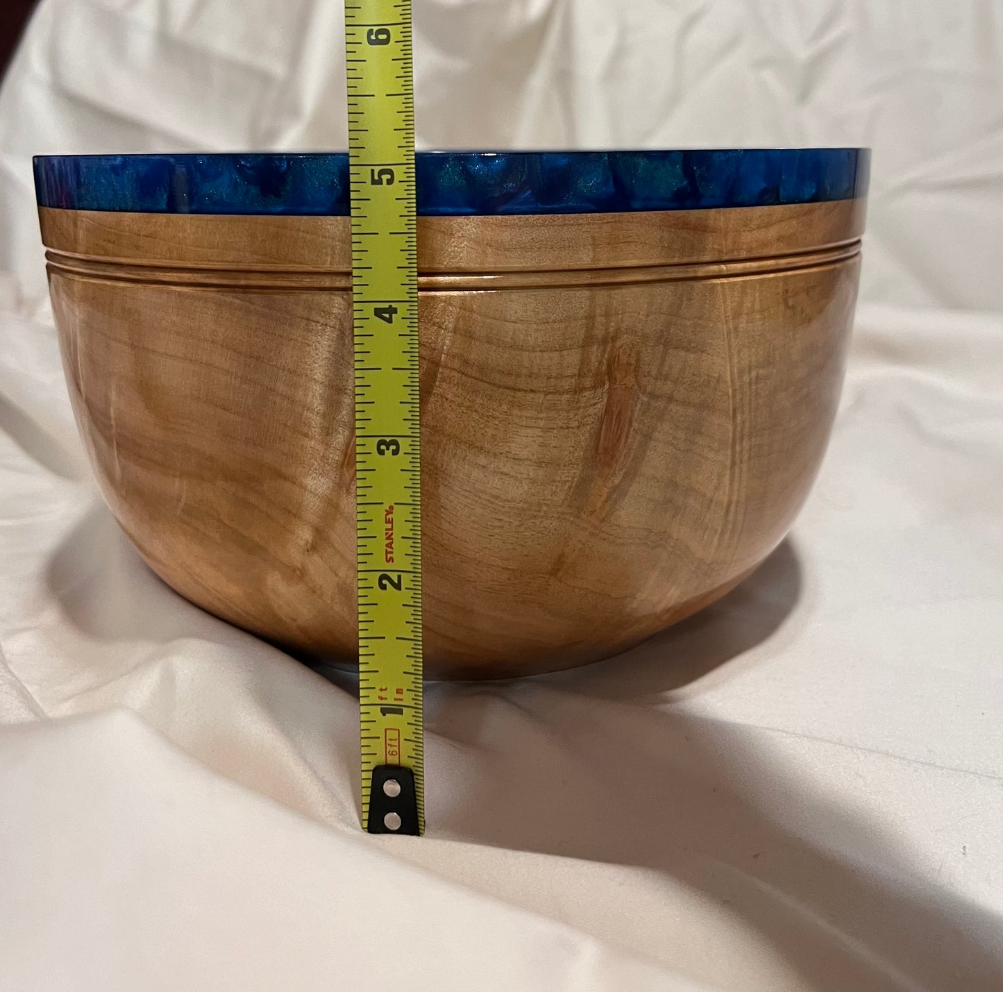 Hand turned curly Maple Bowl with Deep Blue Rim