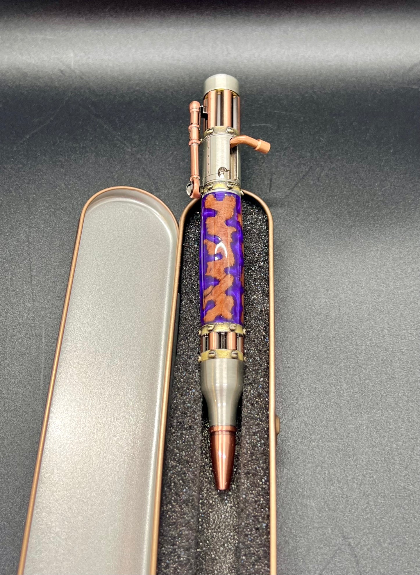 Steampunk Bolt Action Pen with Mallee Burl and Purple colored resin