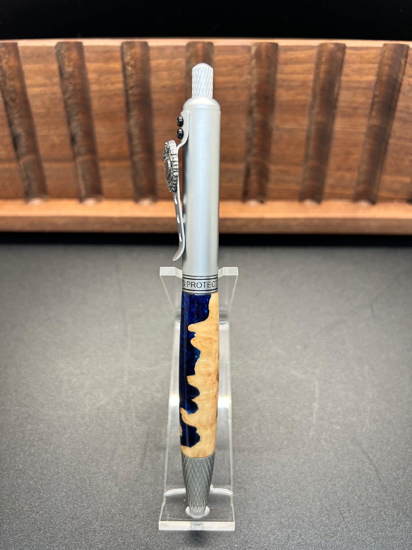 Law Enforcement Click Pen-Mallee Burl- Blue resin