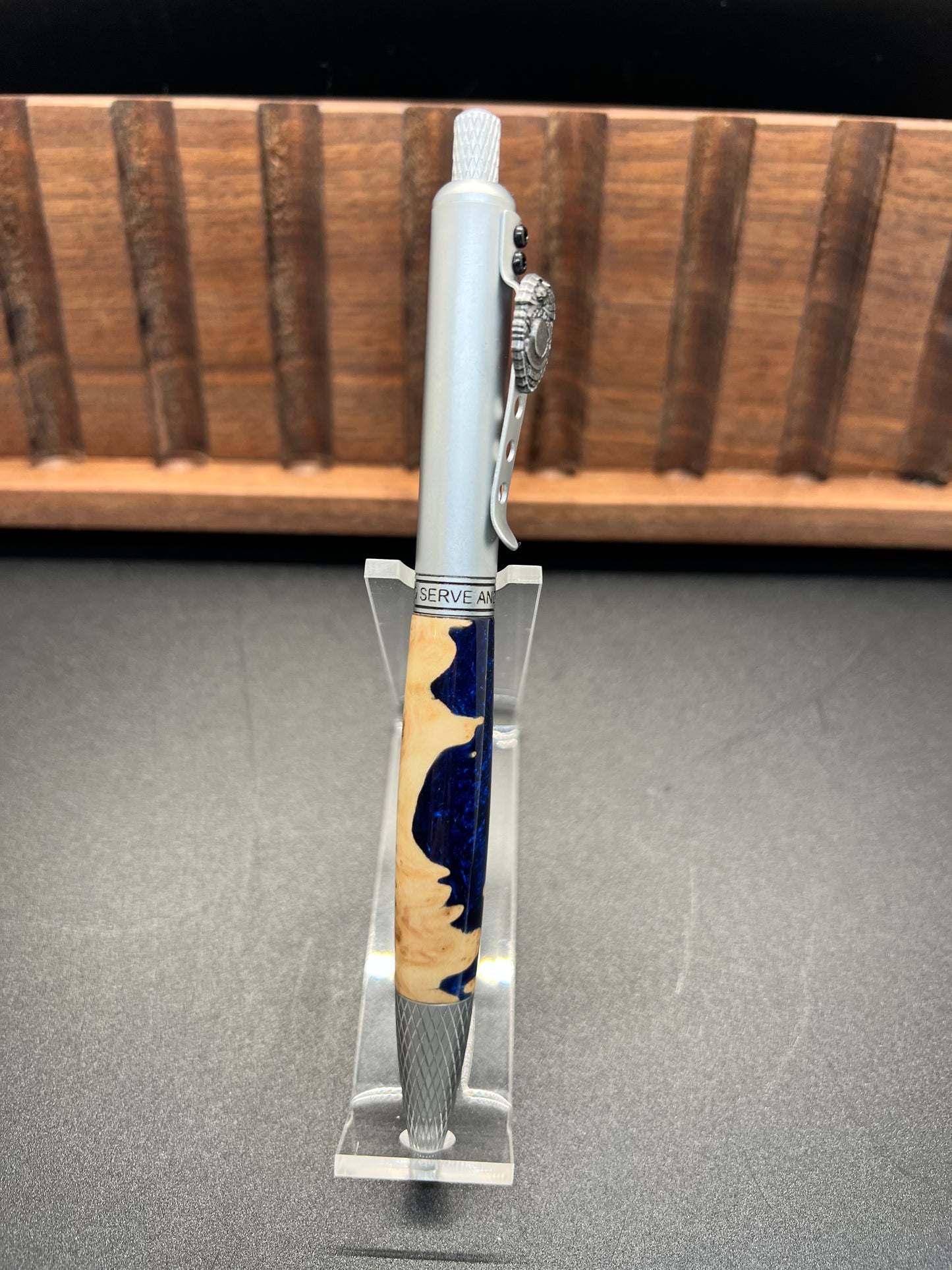 Law Enforcement Click Pen-Mallee Burl- Blue resin