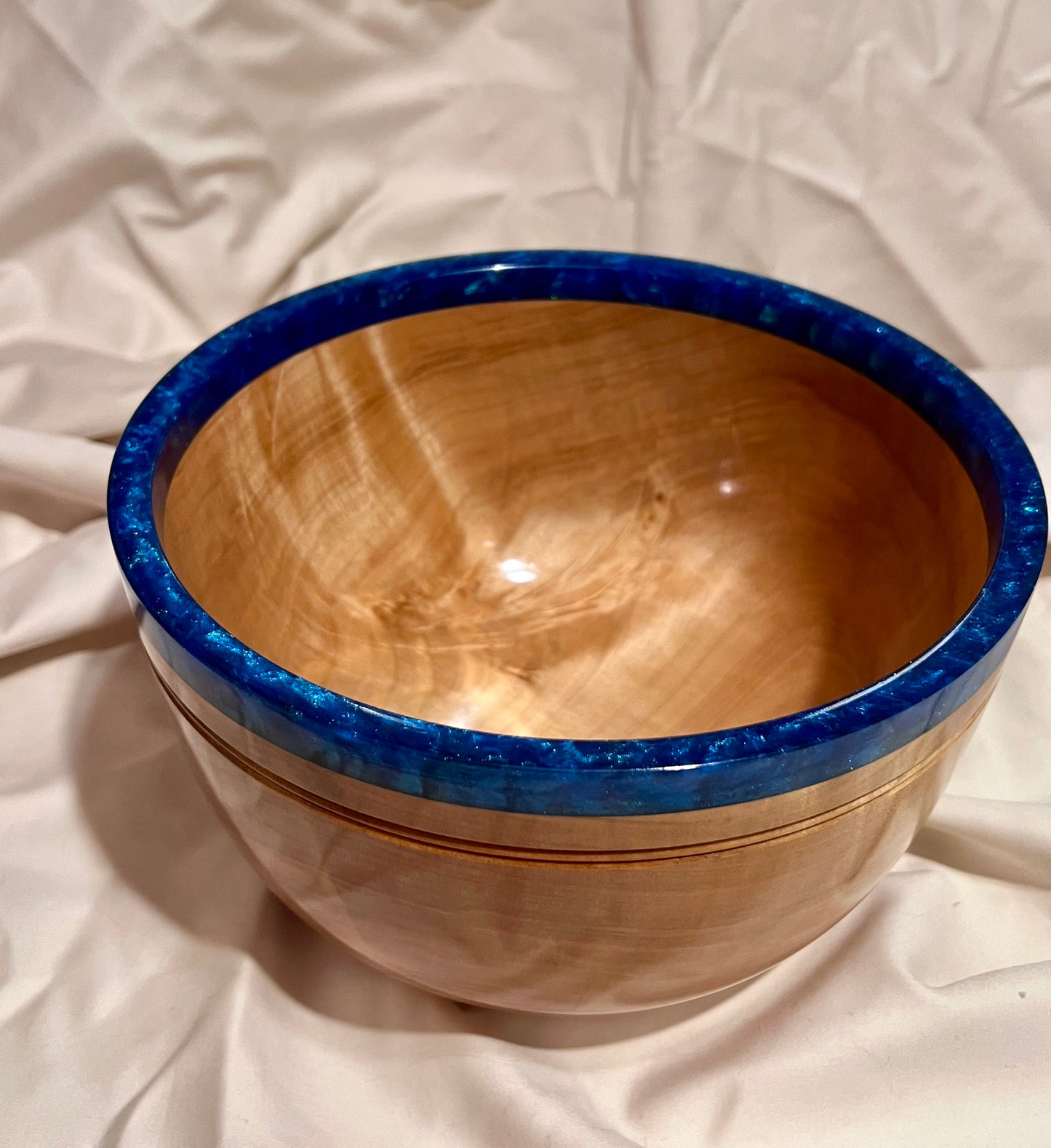Hand turned curly Maple Bowl with Deep Blue Rim