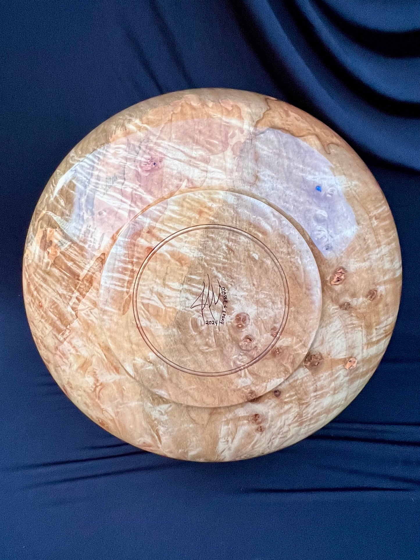 15 Inch Hand Turned Very curly Maple Bowl with Deep Blue colored resin Rim