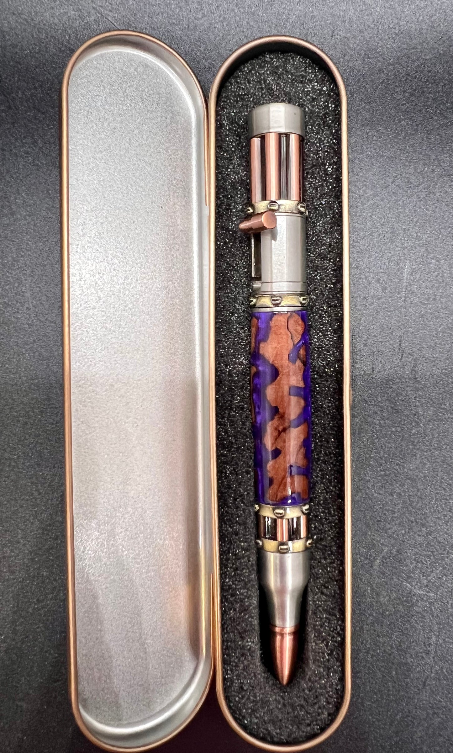 Steampunk Bolt Action Pen with Mallee Burl and Purple colored resin