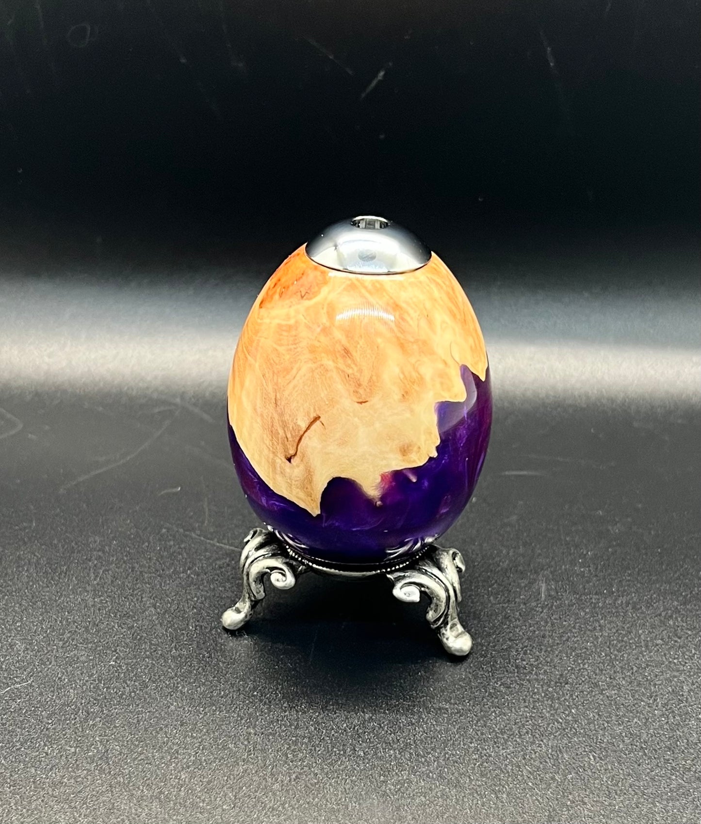 Kaleidoscope Egg - Malle Burl-Purple Resin- pewter stand.