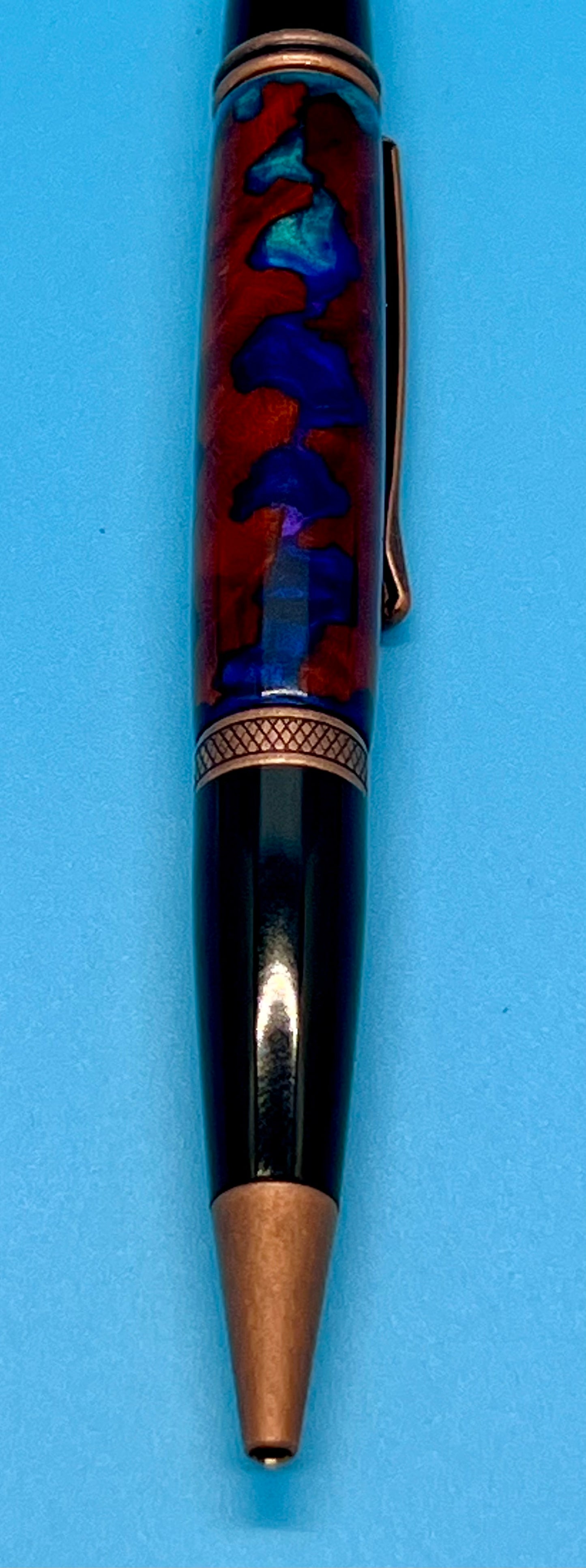 Antique Copper Wallstreet Twist Pen with Amboyna Burl and Blue Resin