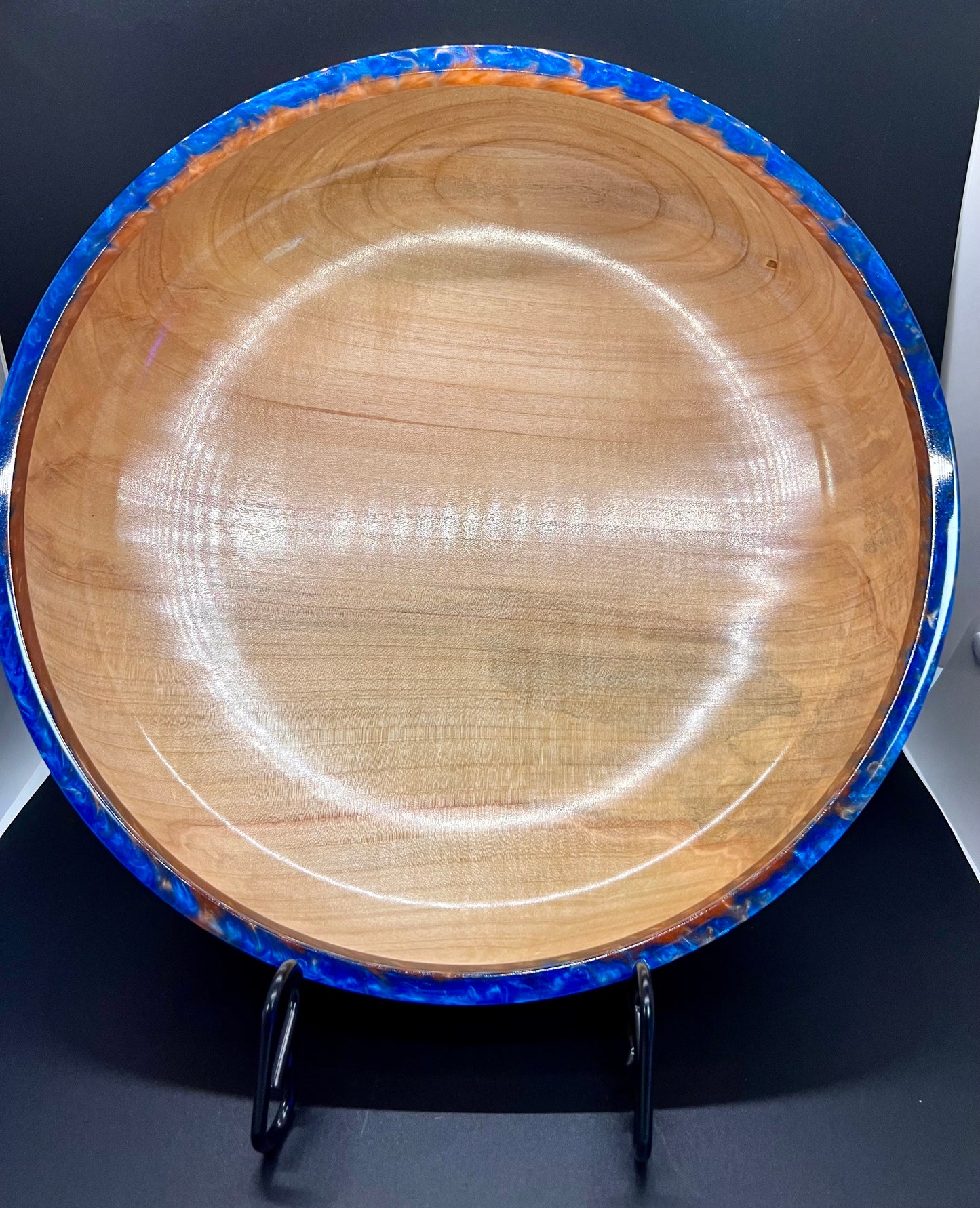Hand turned curly Maple Bowl with Blue and Gold rim