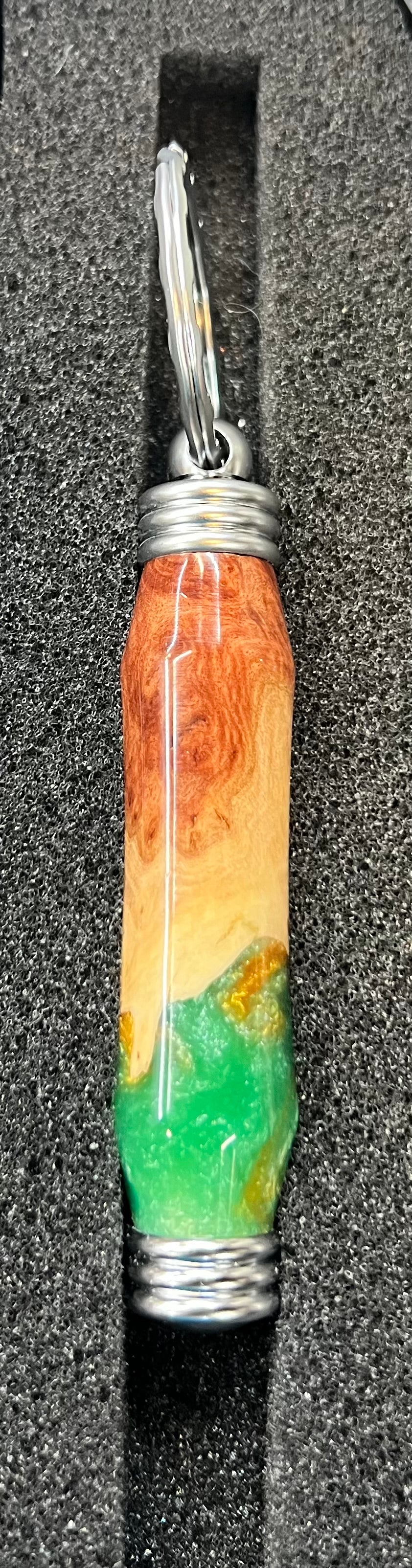 Secret Compartment Keychain-Mallee Burl-Gold and Green Resin