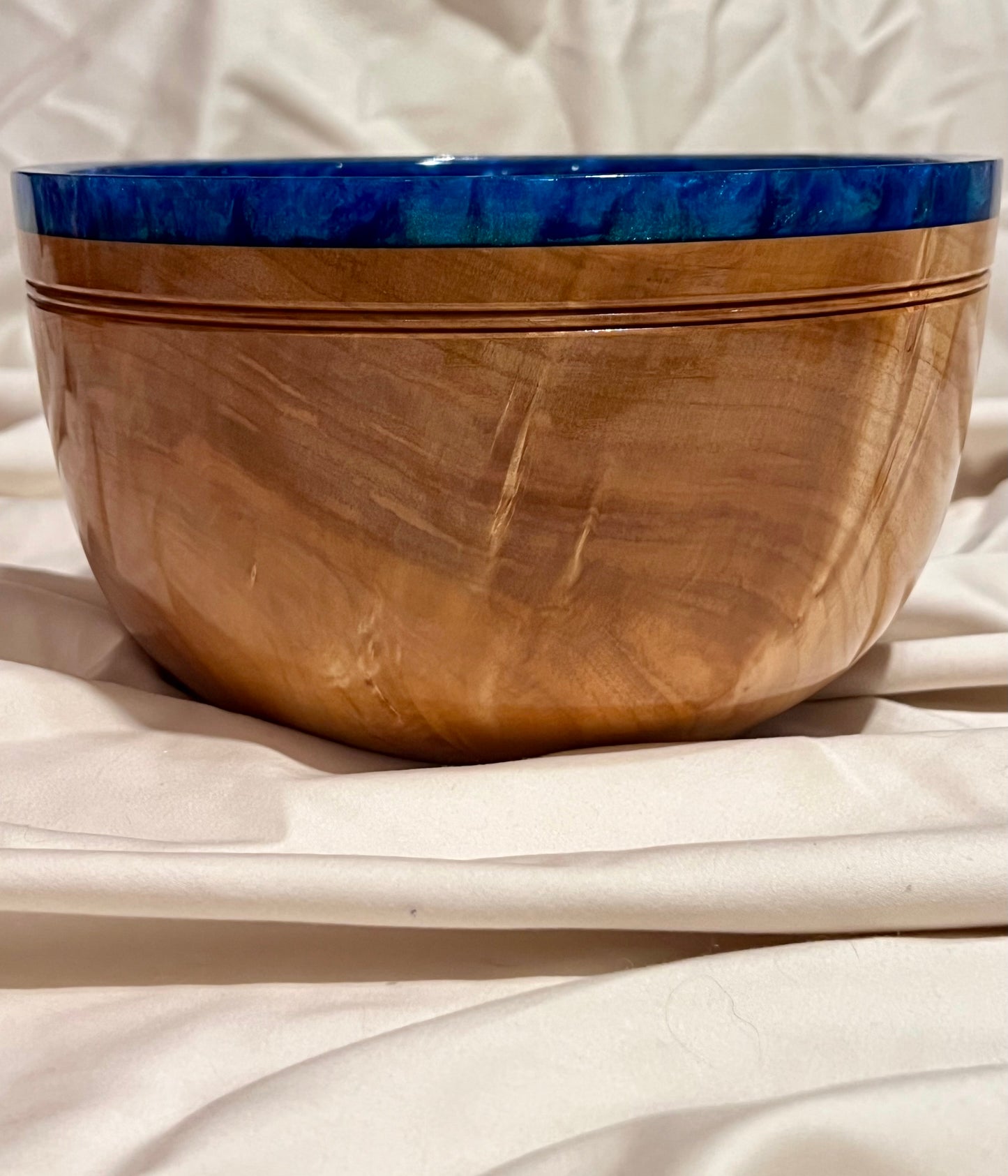 Hand turned curly Maple Bowl with Deep Blue Rim