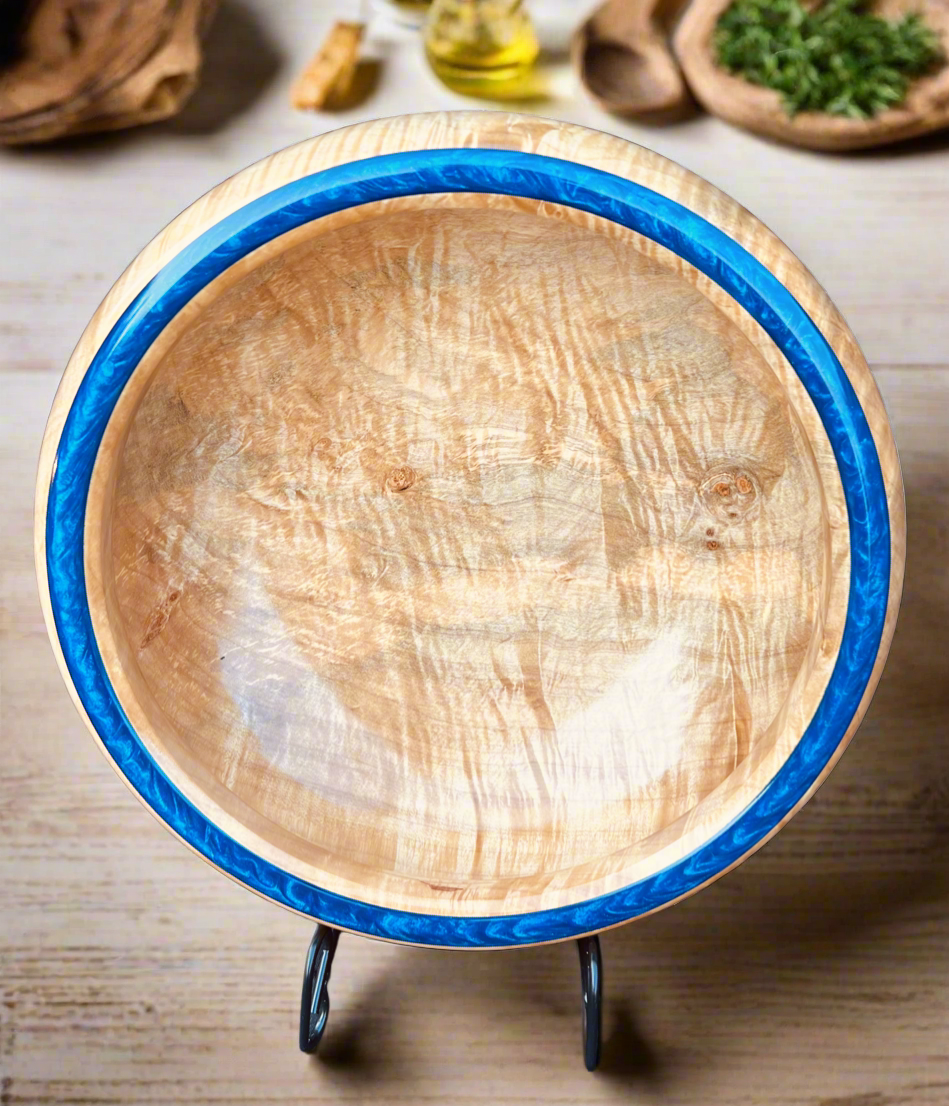 Hand Turned Very curly Maple Bowl with Deep Blue colored resin Rim