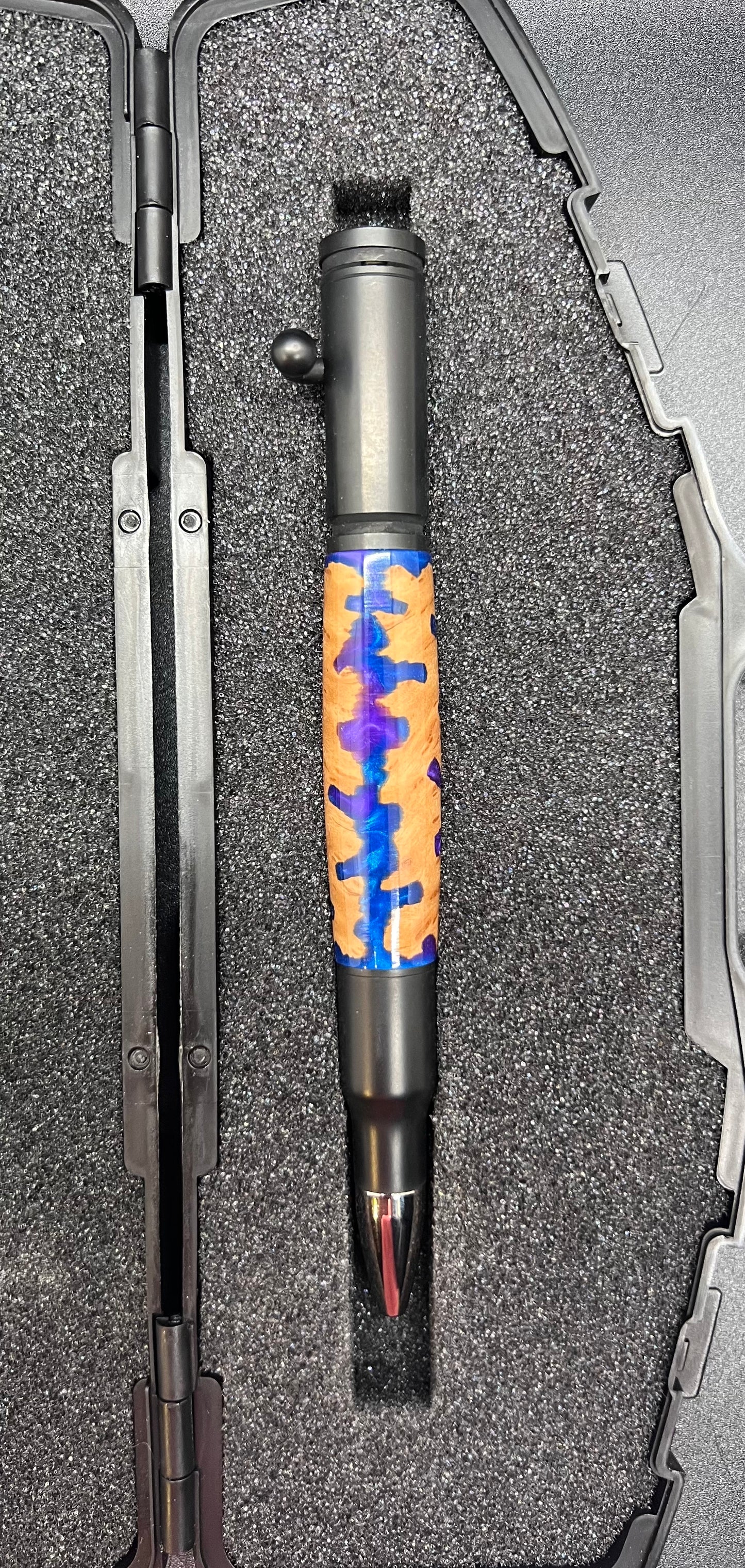 Bolt Action Black Enamel Pen with Mallee Burl and Blue and Purple colored resin