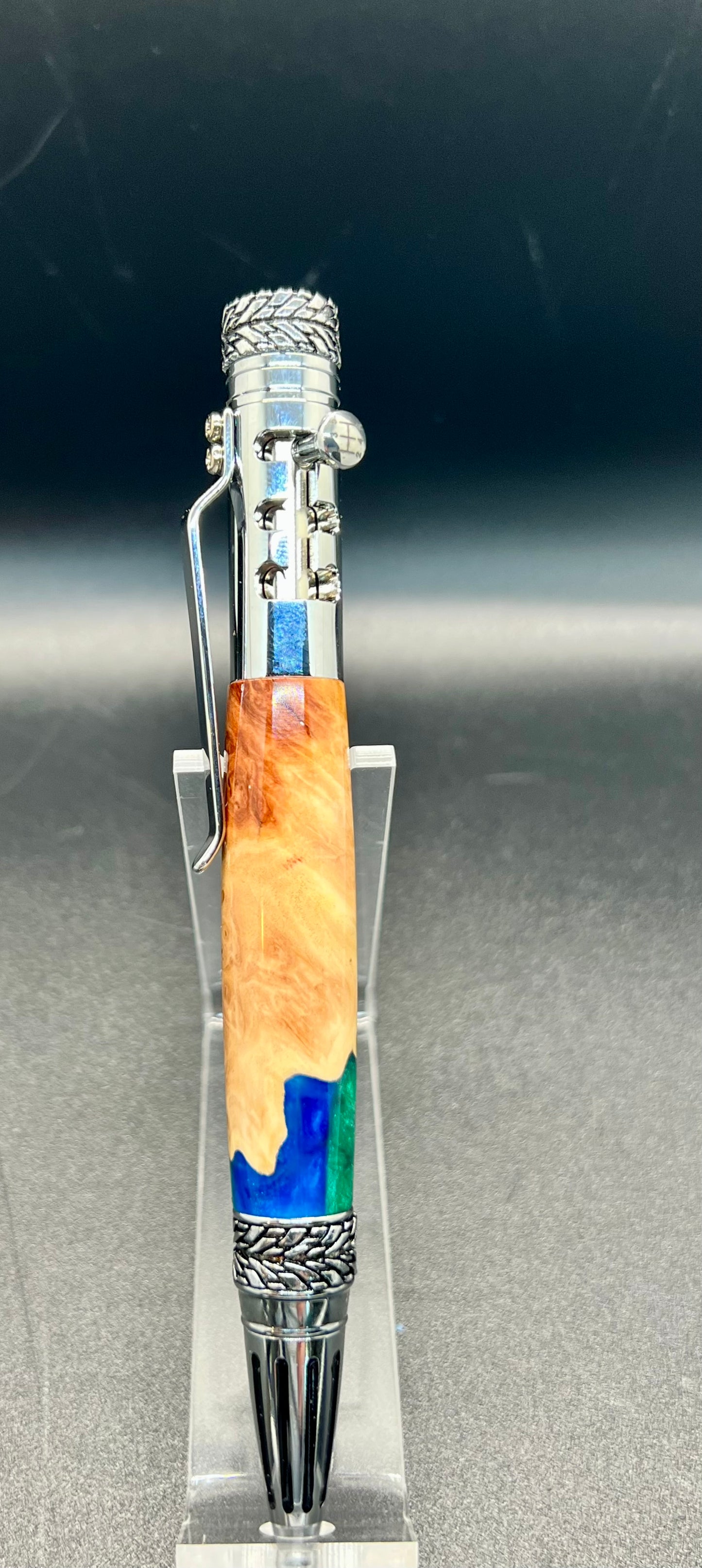 Hand turned Gear Shift Fidget Pen Mallee Burl with blue and green resin