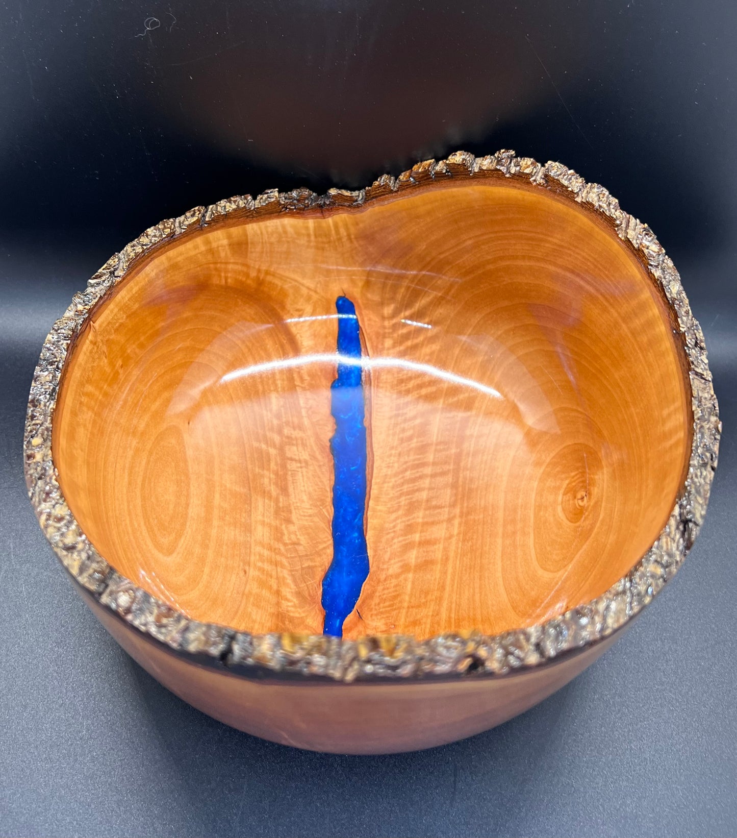 Hand turned Bradford Pear Bowl Live Edge Bowl with Blue center