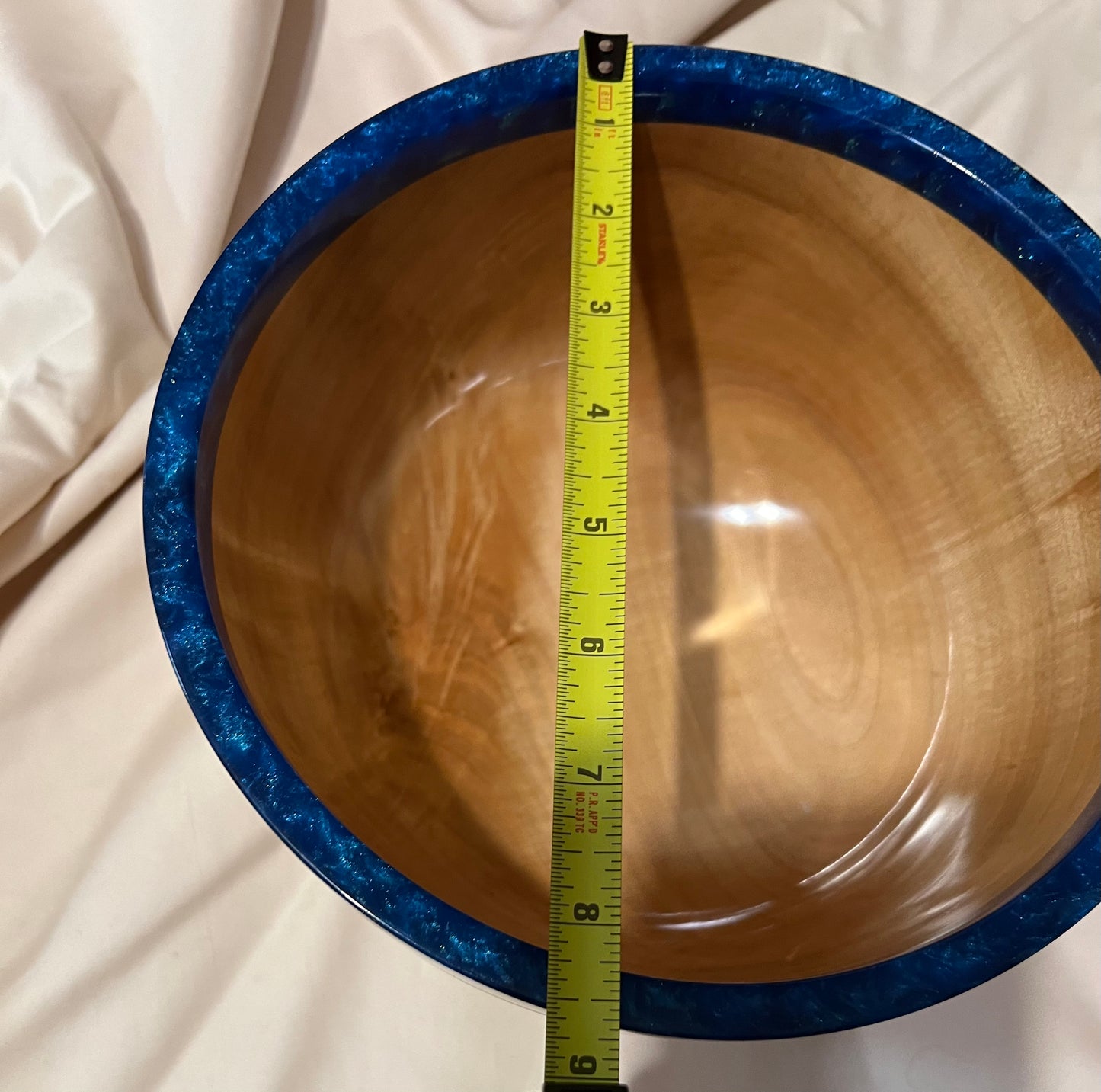 Hand turned curly Maple Bowl with Deep Blue Rim