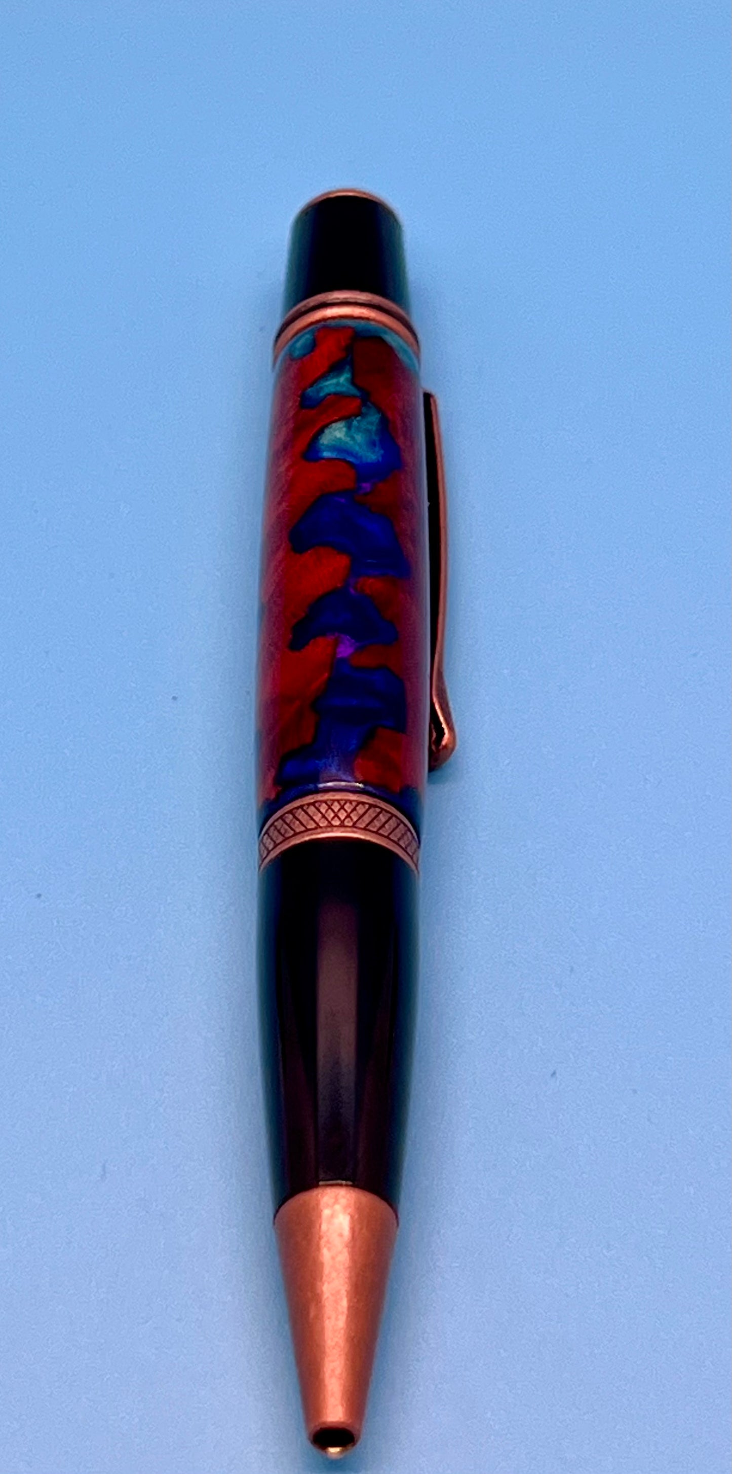 Antique Copper Wallstreet Twist Pen with Amboyna Burl and Blue Resin