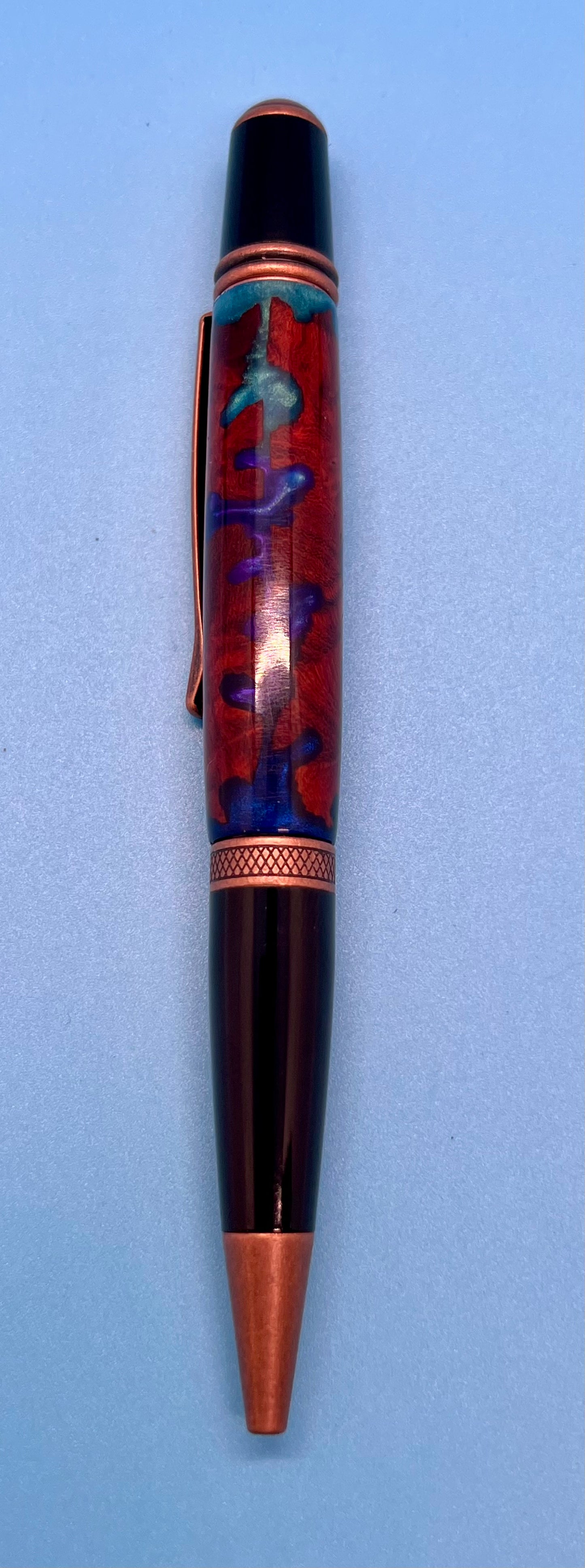 Antique Copper Wallstreet Twist Pen with Amboyna Burl and Blue Resin