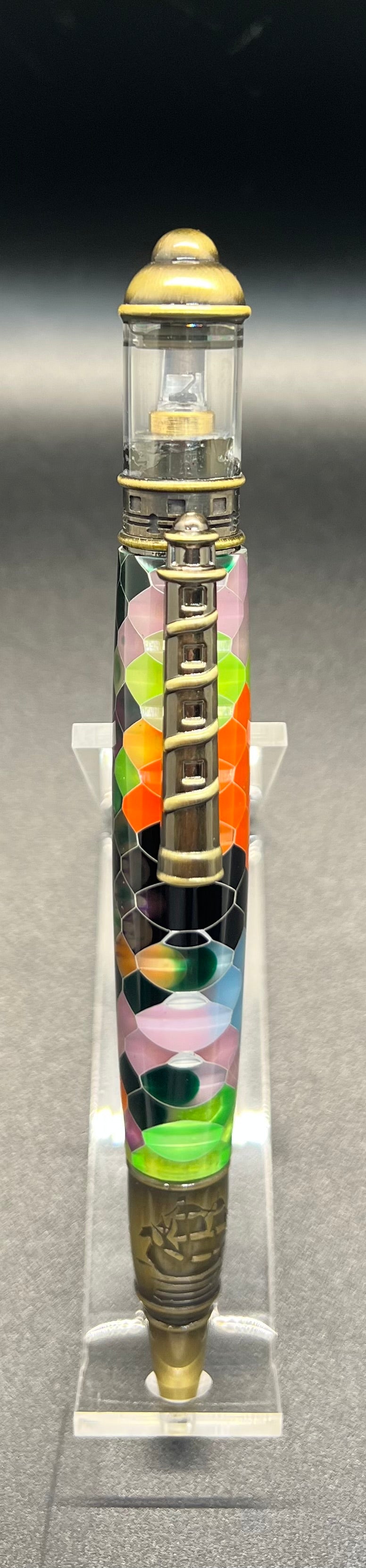 Light house pen with light up lantern. Pen body is aluminum honeycomb encased in acrylic.