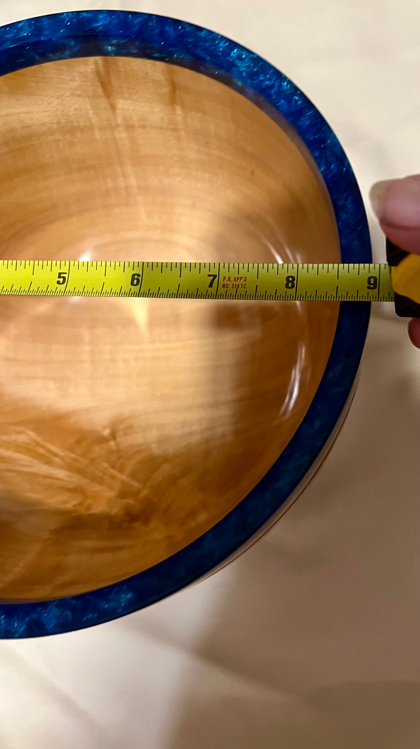 Hand turned curly Maple Bowl with Deep Blue Rim