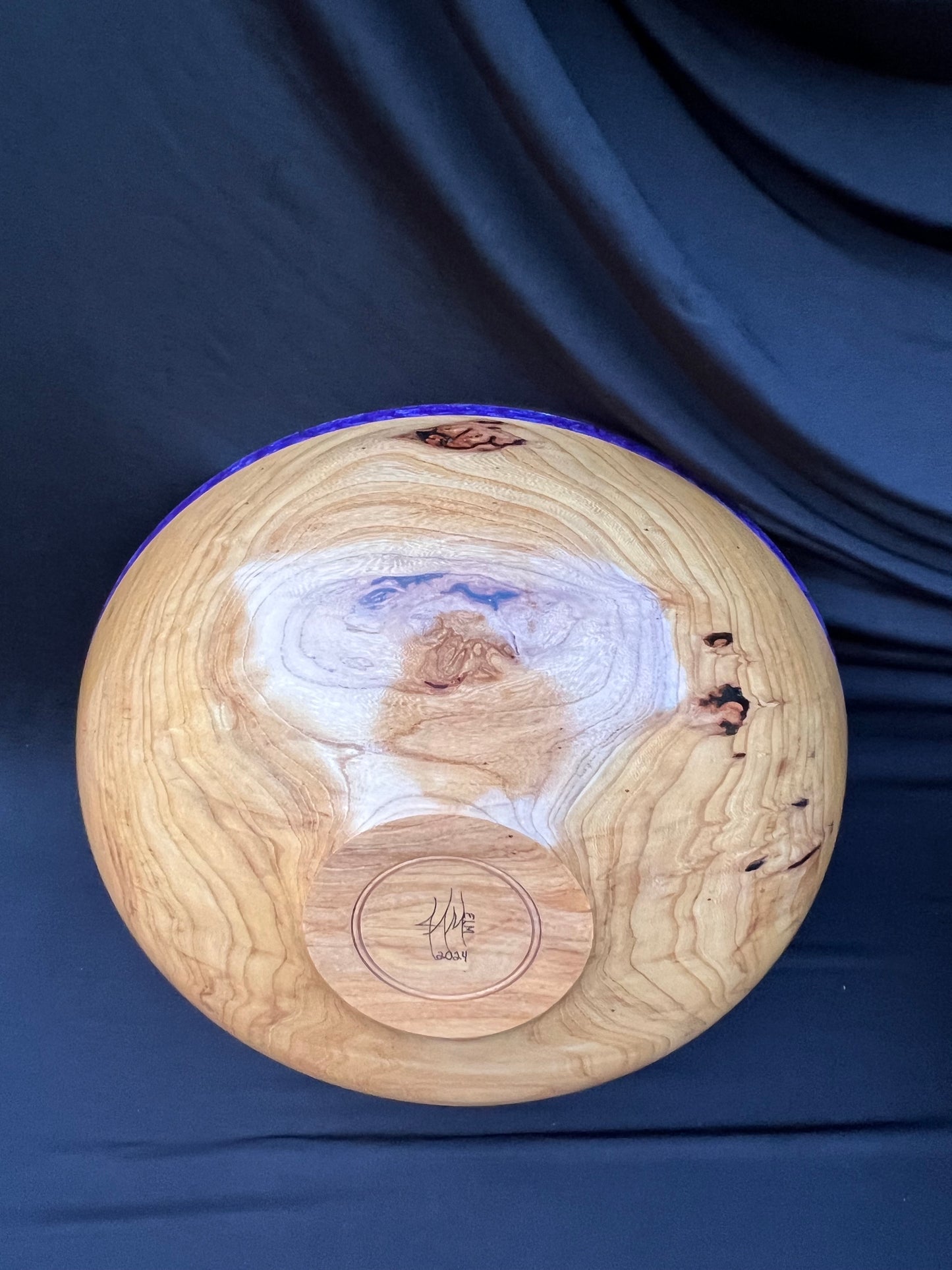 14+ inch Elm Bowl with Purple and White Marbled colored resin Rim