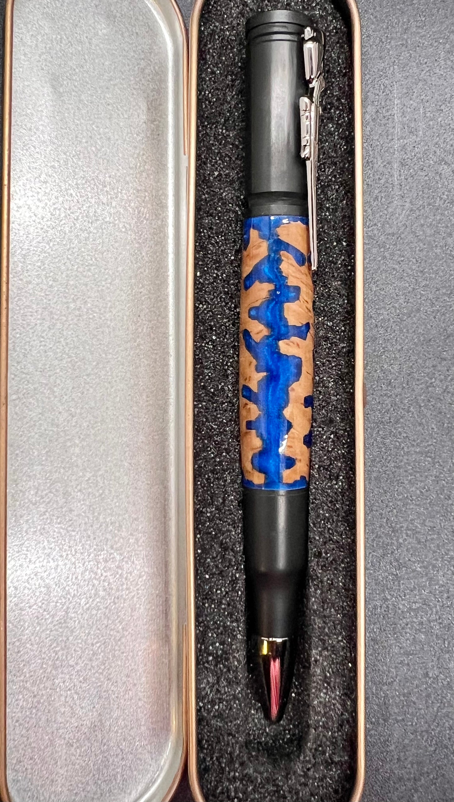 Bolt Action Black Enamel Pen with Mallee Burl and Blue colored resin