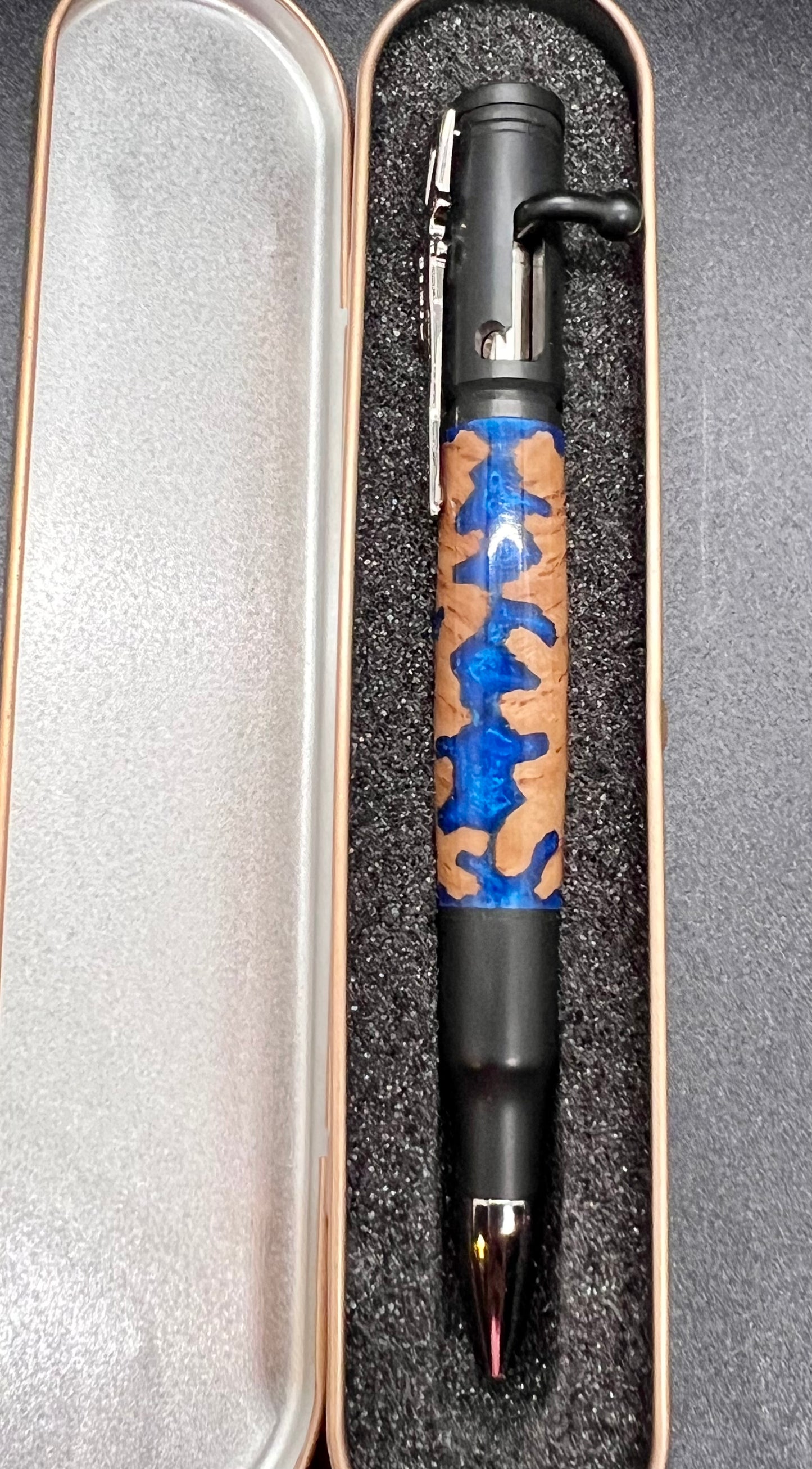 Bolt Action Black Enamel Pen with Mallee Burl and Blue colored resin