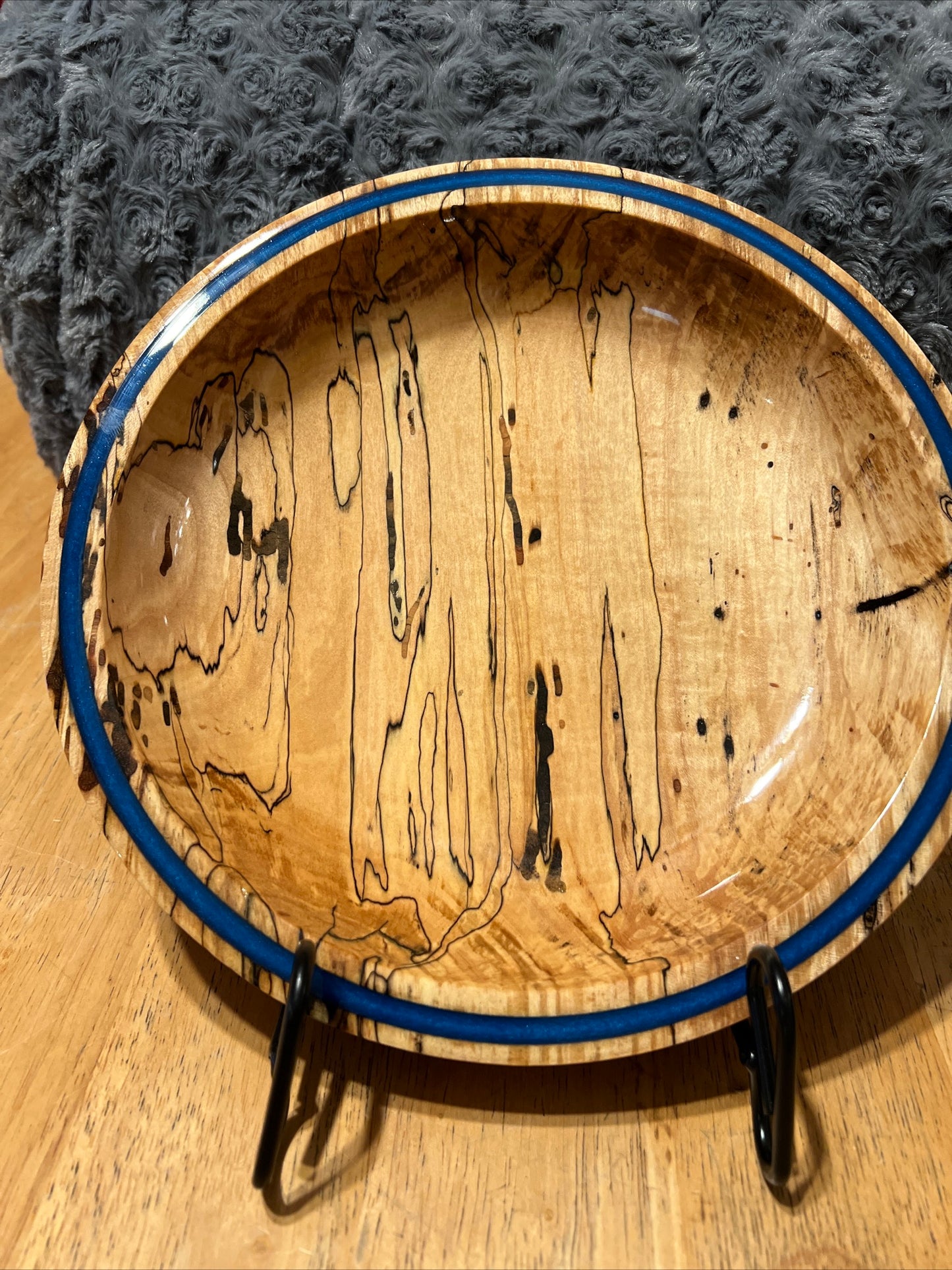 Hand Turned Pencil Spalted Maple Dish with Blue Resin Inlay