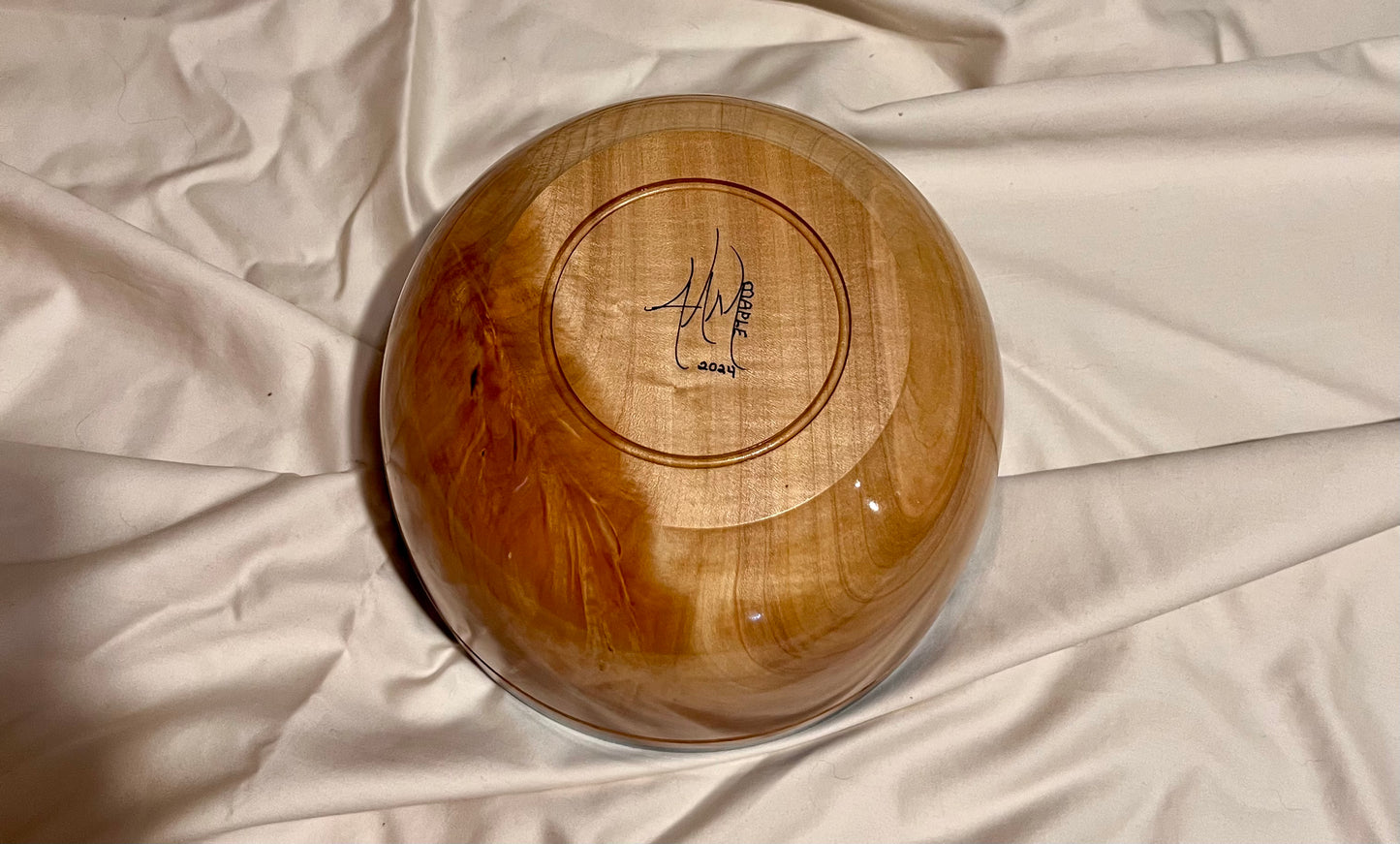 Hand turned curly Maple Bowl with Deep Blue Rim