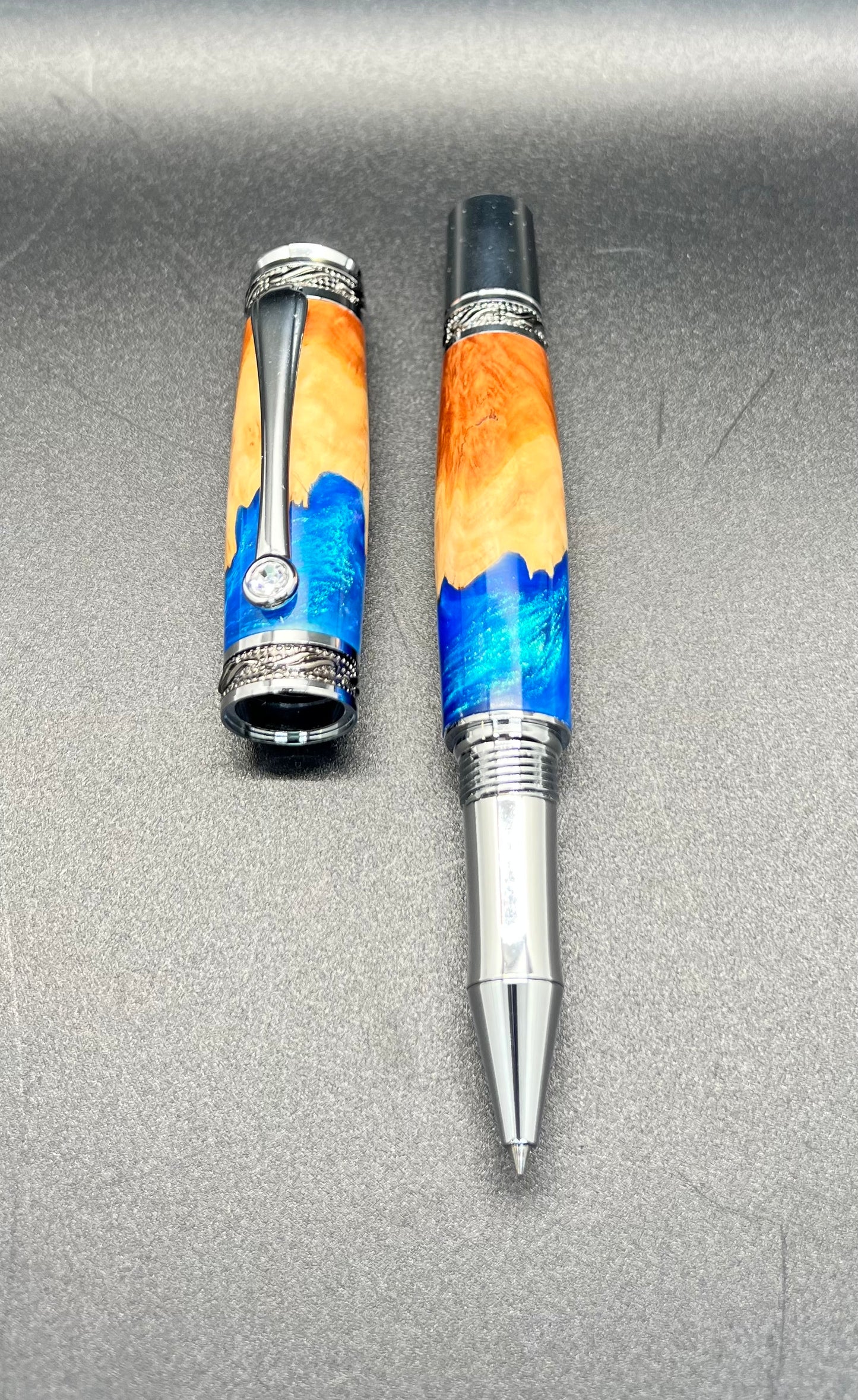 Majestic Rollerball Pen- Malle Burl- Blue Resin