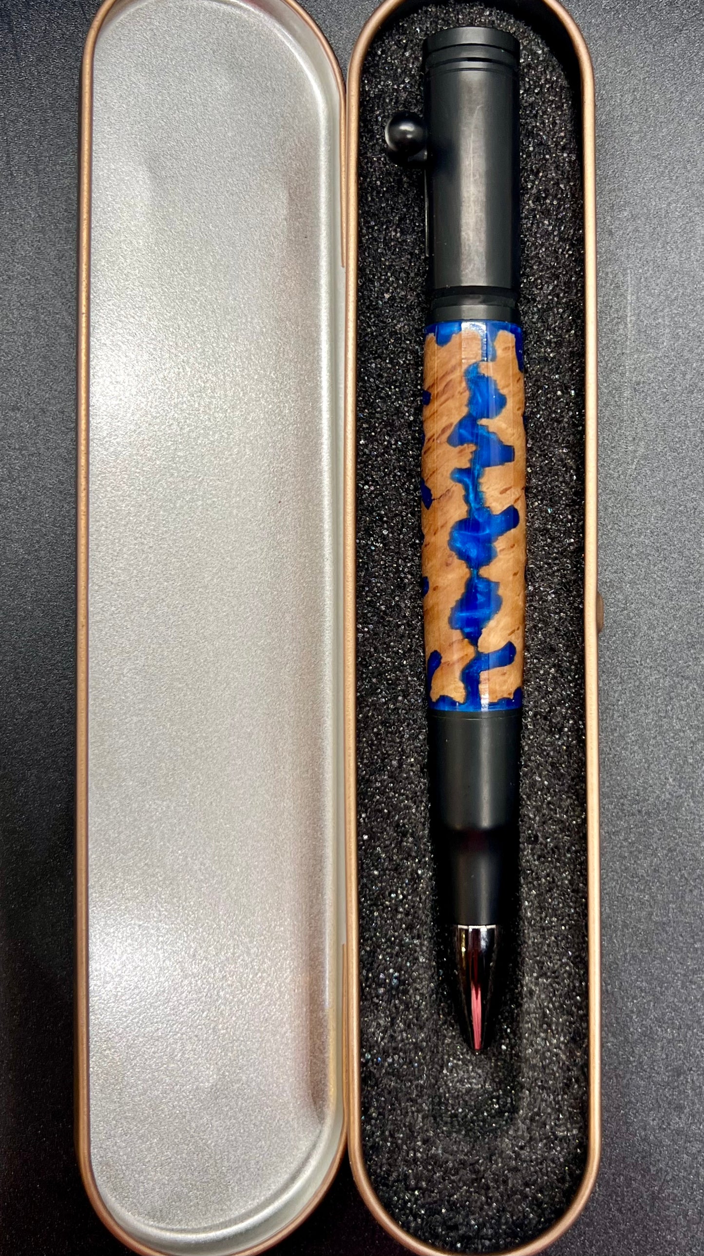 Bolt Action Black Enamel Pen with Mallee Burl and Blue colored resin